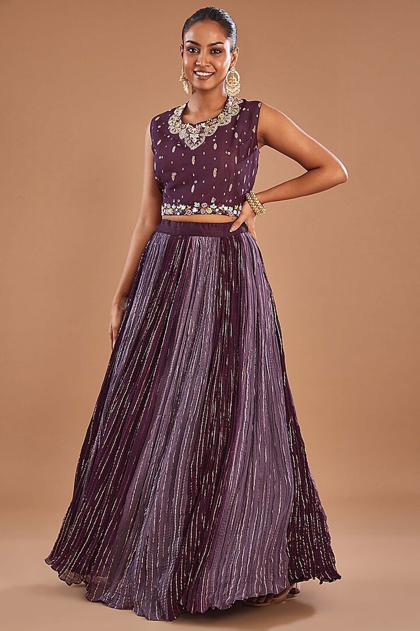 Purple Crop-Top with Ruched Lehenga and Organza Cape