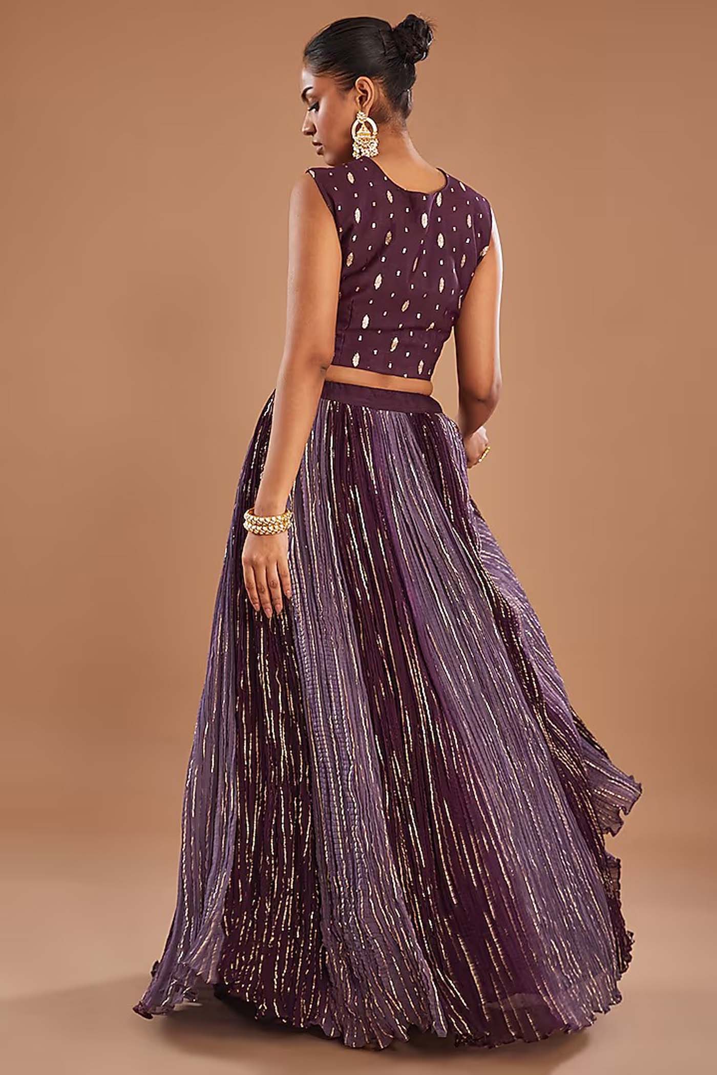 Purple Crop-Top with Ruched Lehenga and Organza Cape