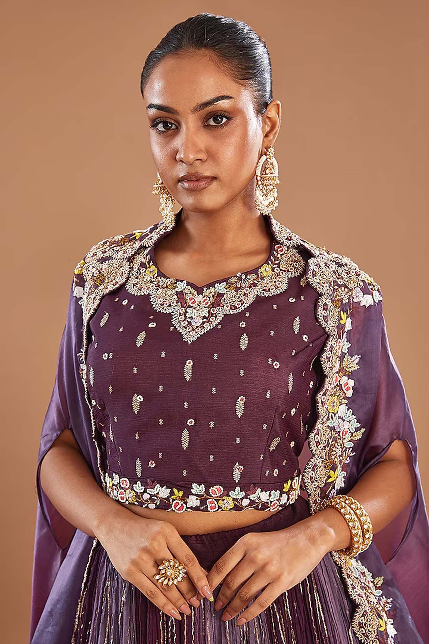 Purple Crop-Top with Ruched Lehenga and Organza Cape