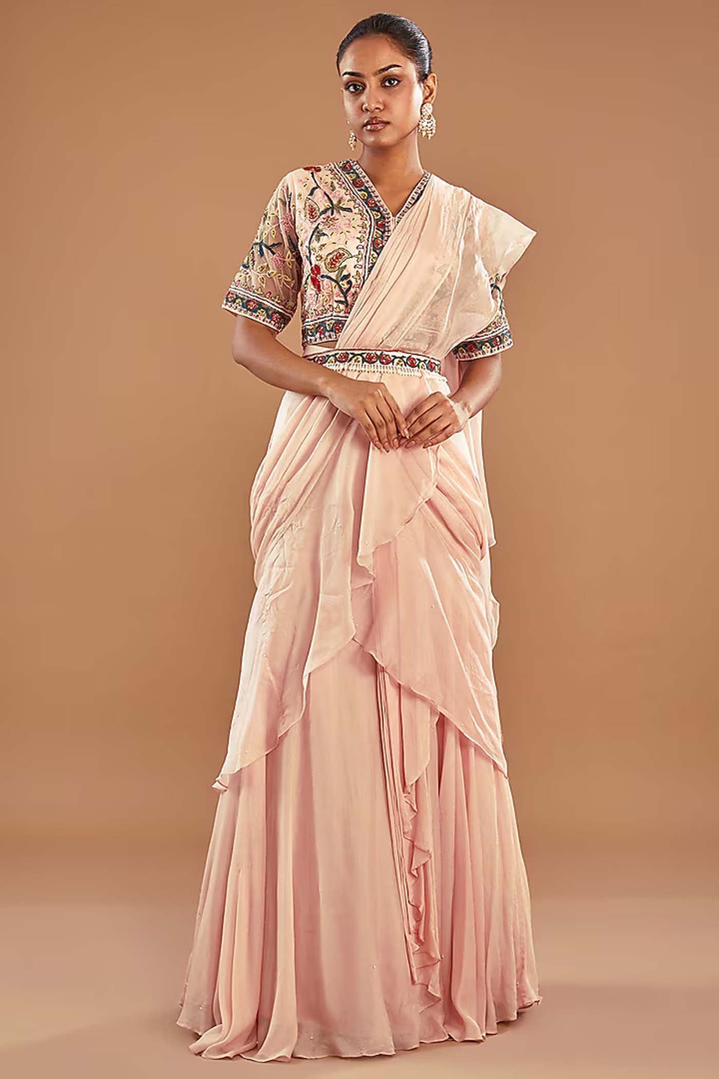 Baby Pink Draped Ruffle lehenga Saree with Belt