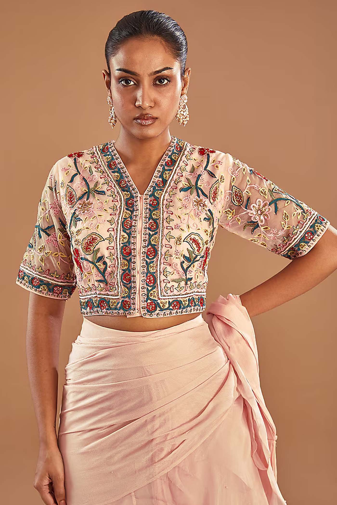 Baby Pink Draped Ruffle lehenga Saree with Belt