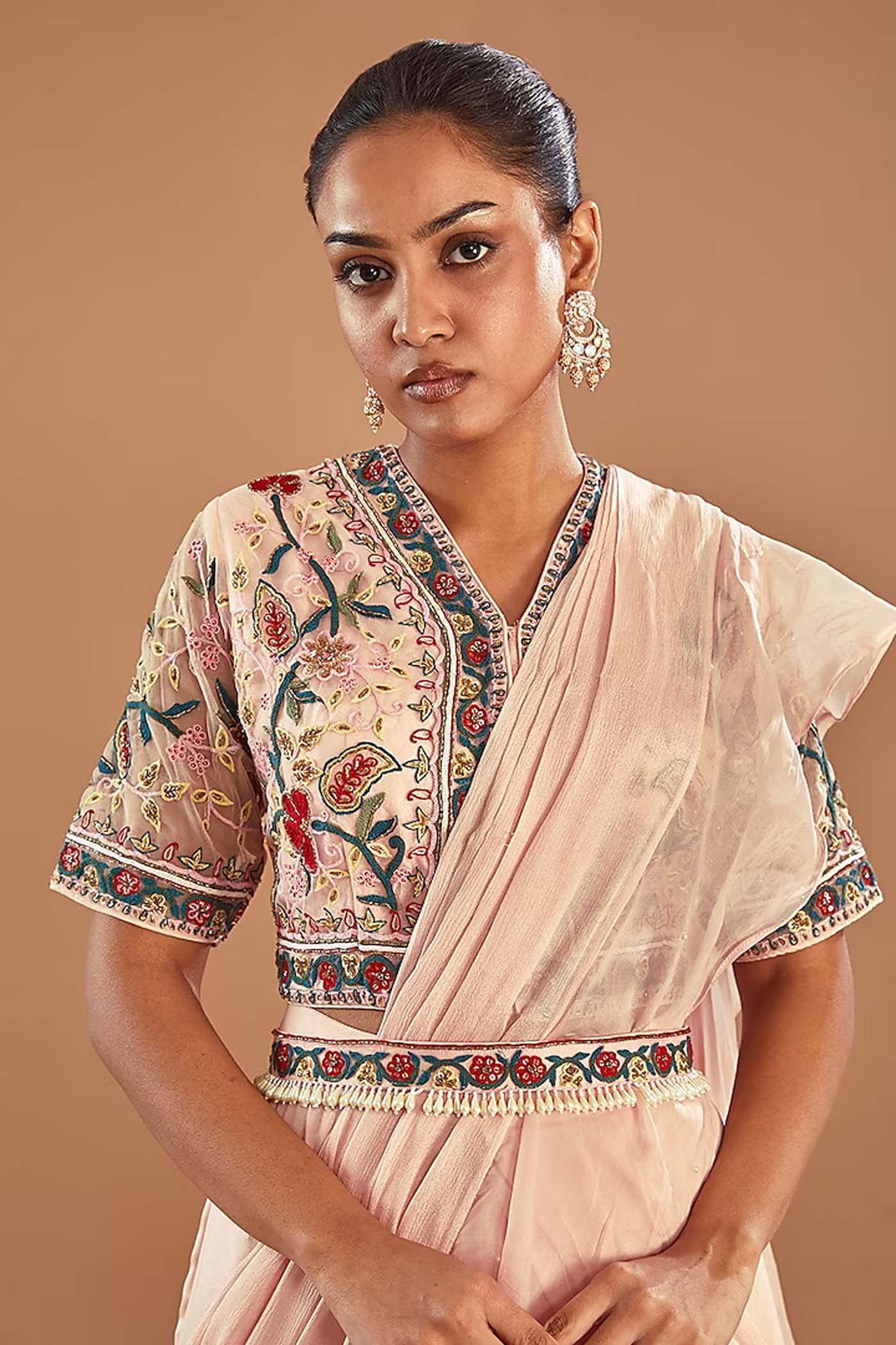 Baby Pink Draped Ruffle lehenga Saree with Belt