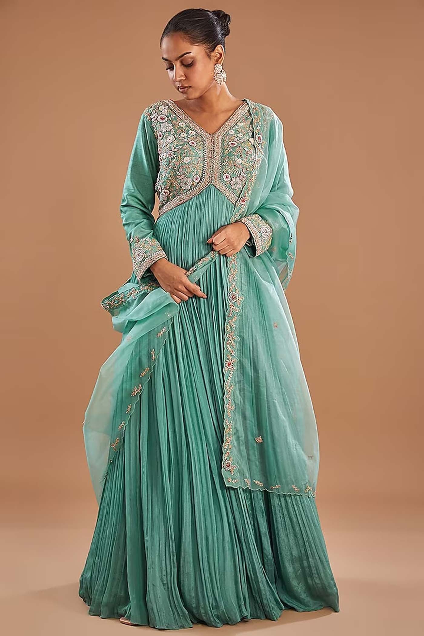 Light Blue Embroidered Ruched Anarkali with Dupatta