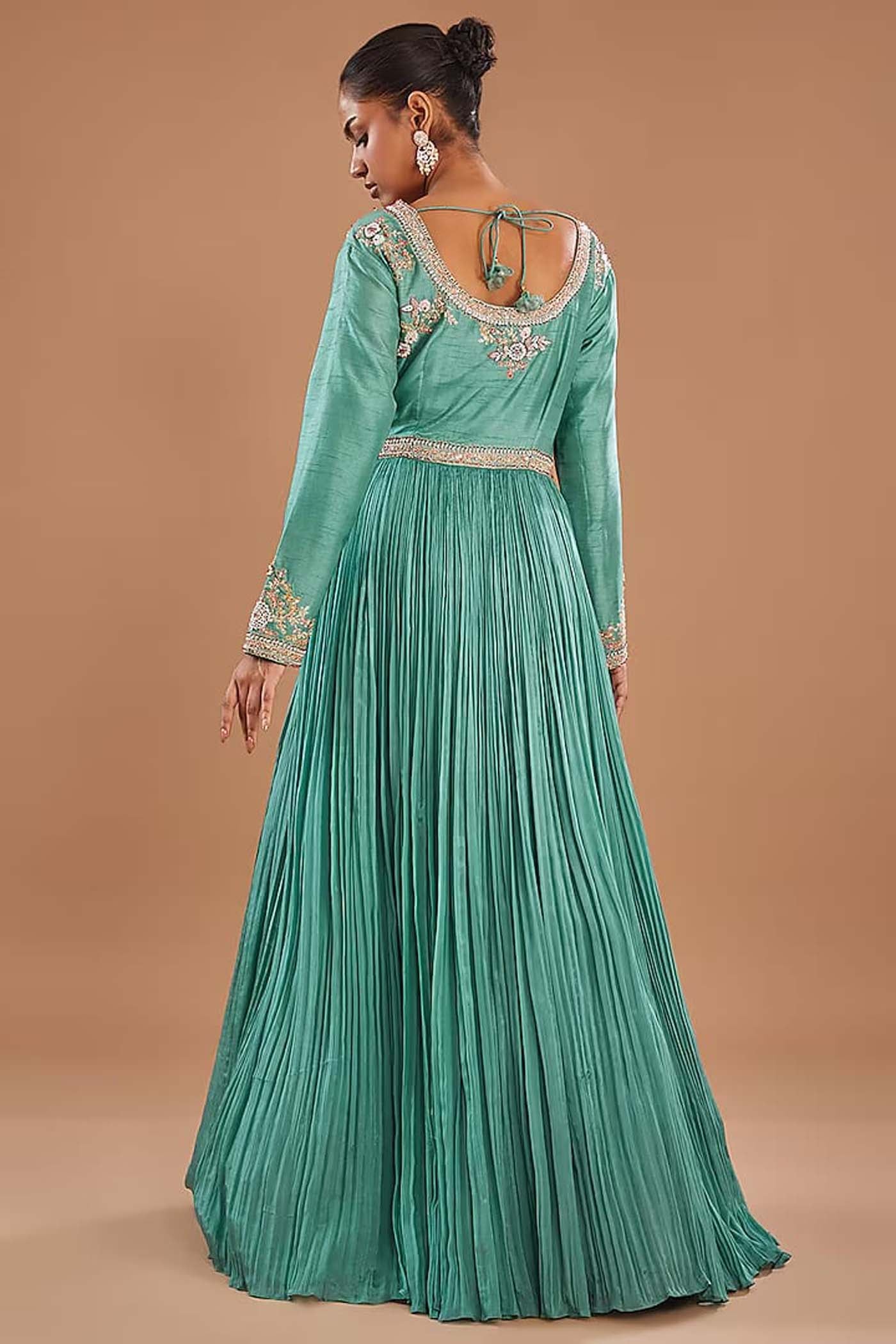 Light Blue Embroidered Ruched Anarkali with Dupatta