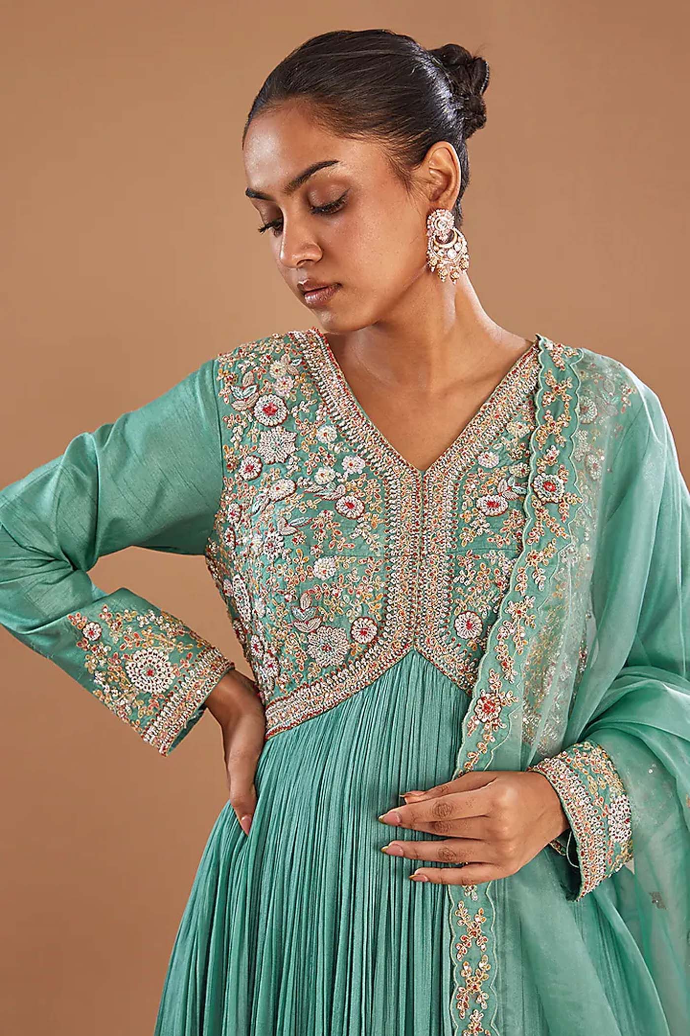 Light Blue Embroidered Ruched Anarkali with Dupatta