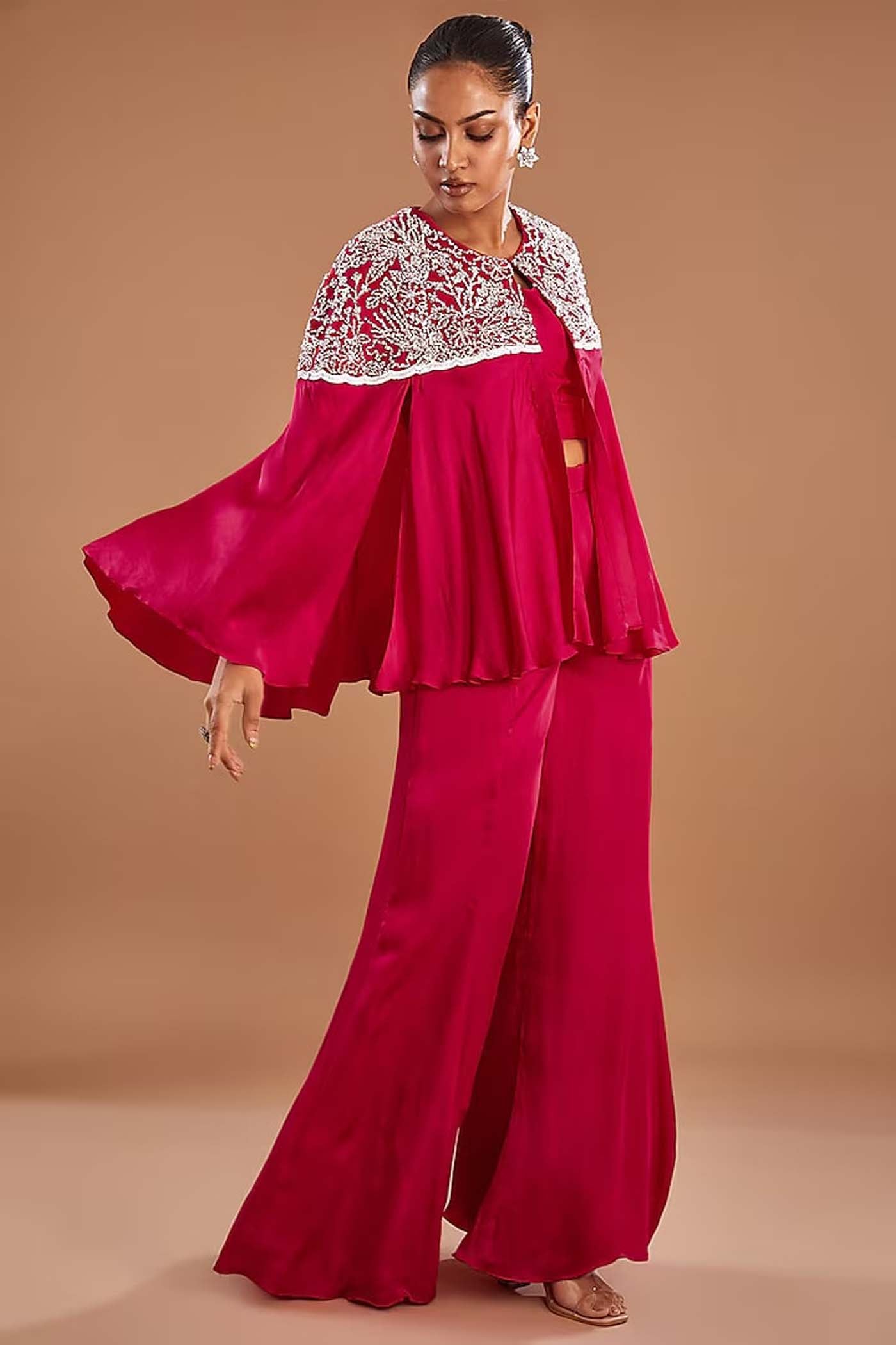 Fuchsia Pink Crop-top with cape and Palazzo