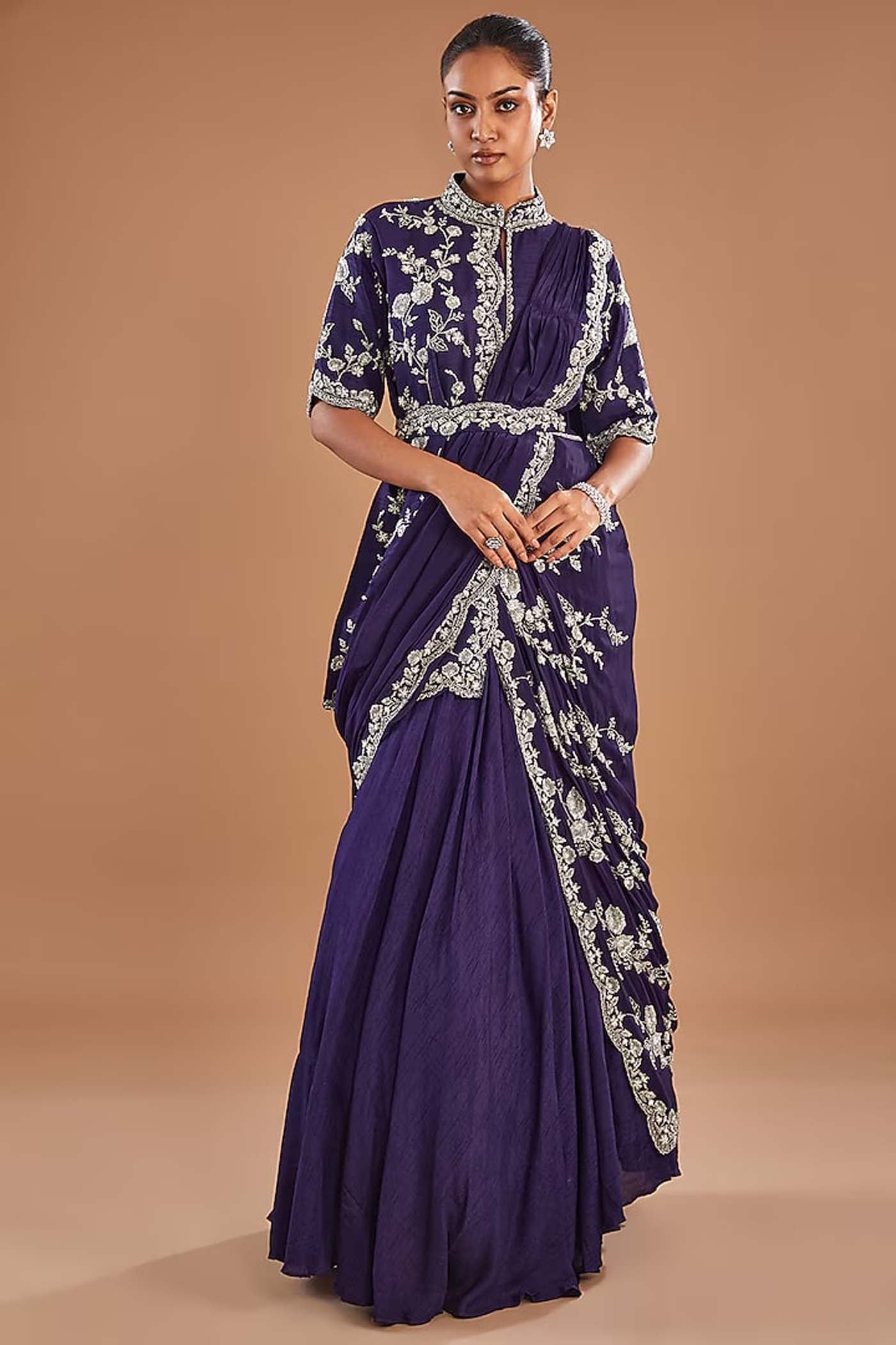 Indigo Full Heavy Embroidered Draped Gown with Attcehed Belt