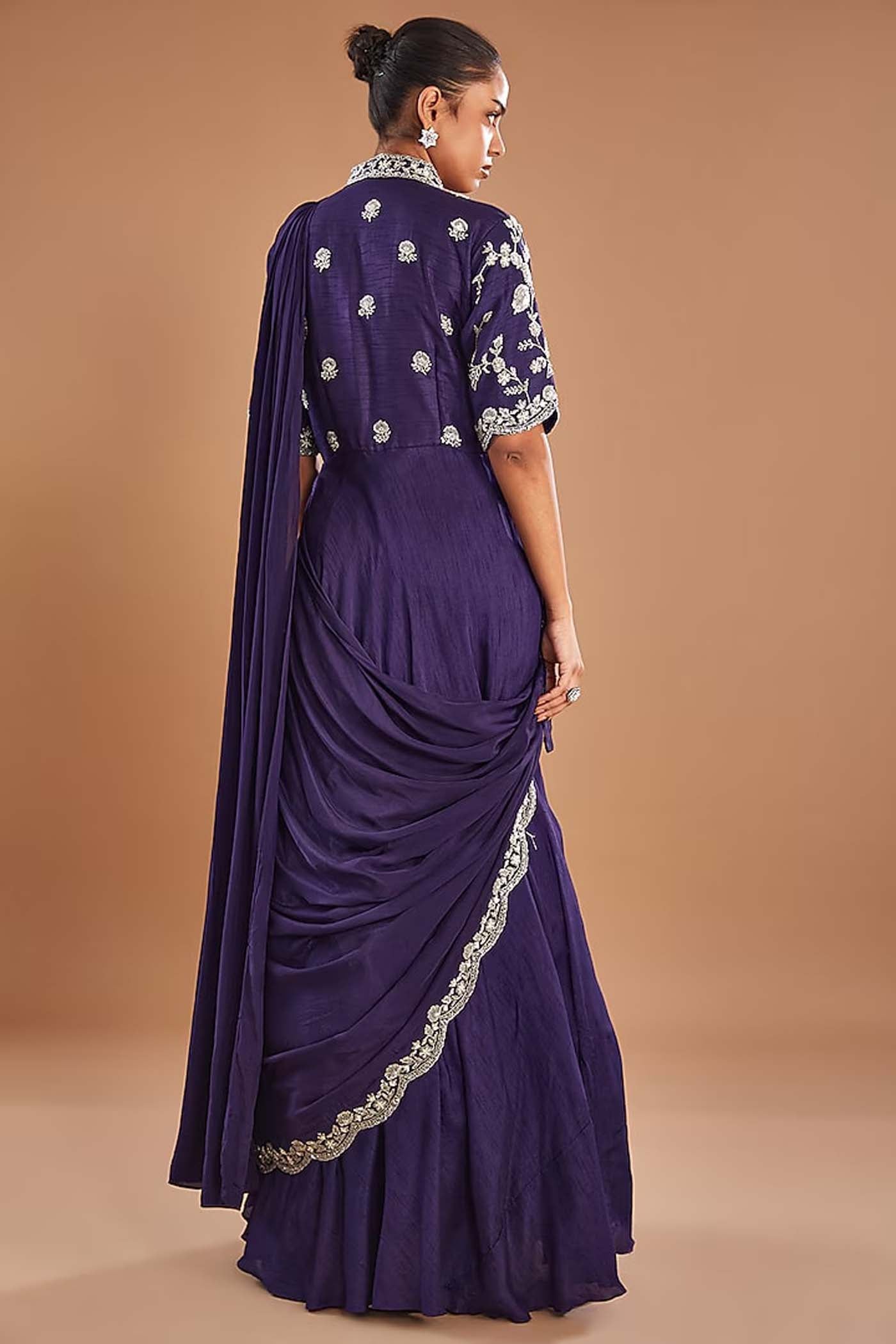 Indigo Full Heavy Embroidered Draped Gown with Attcehed Belt