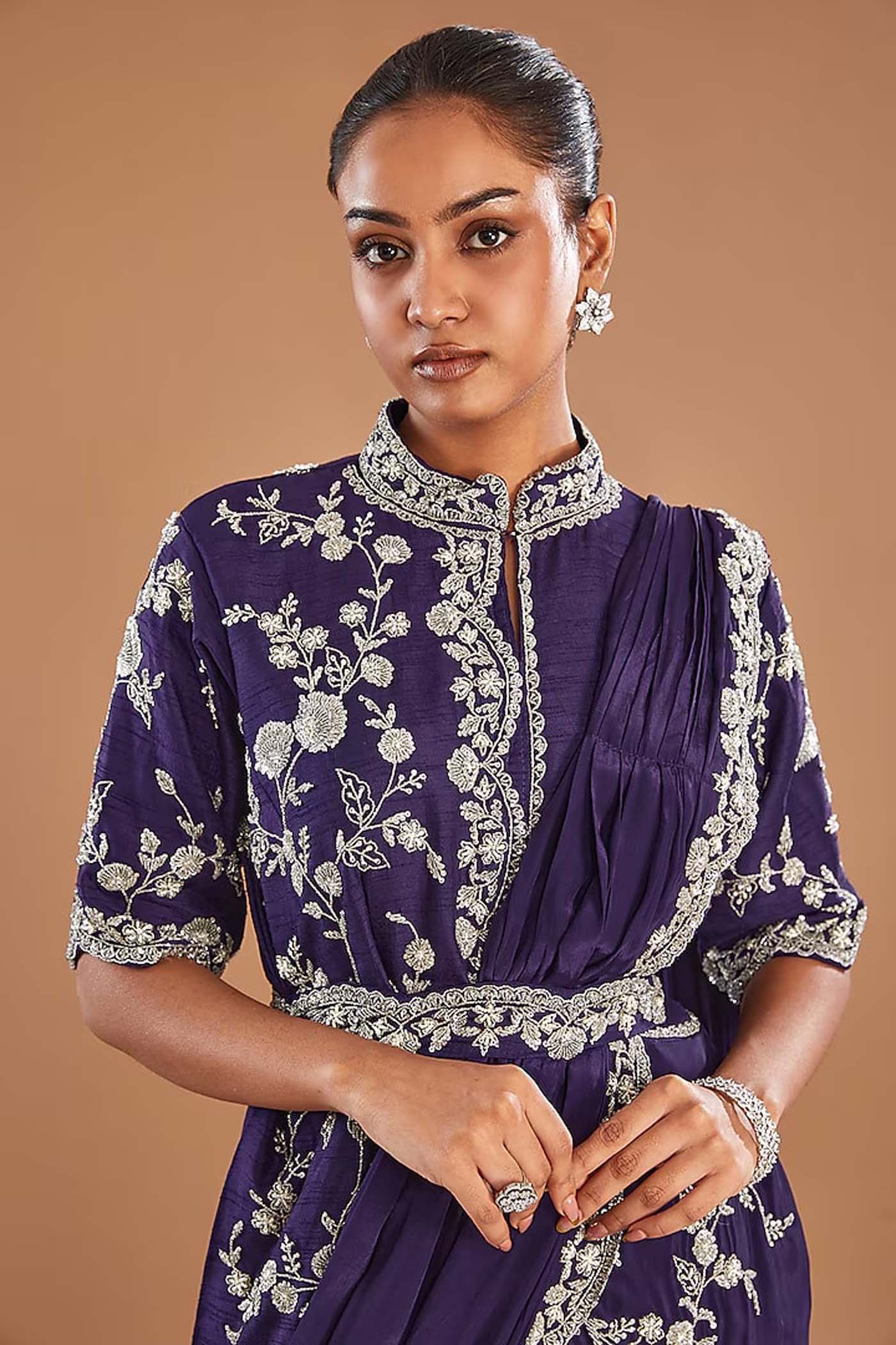Indigo Full Heavy Embroidered Draped Gown with Attcehed Belt