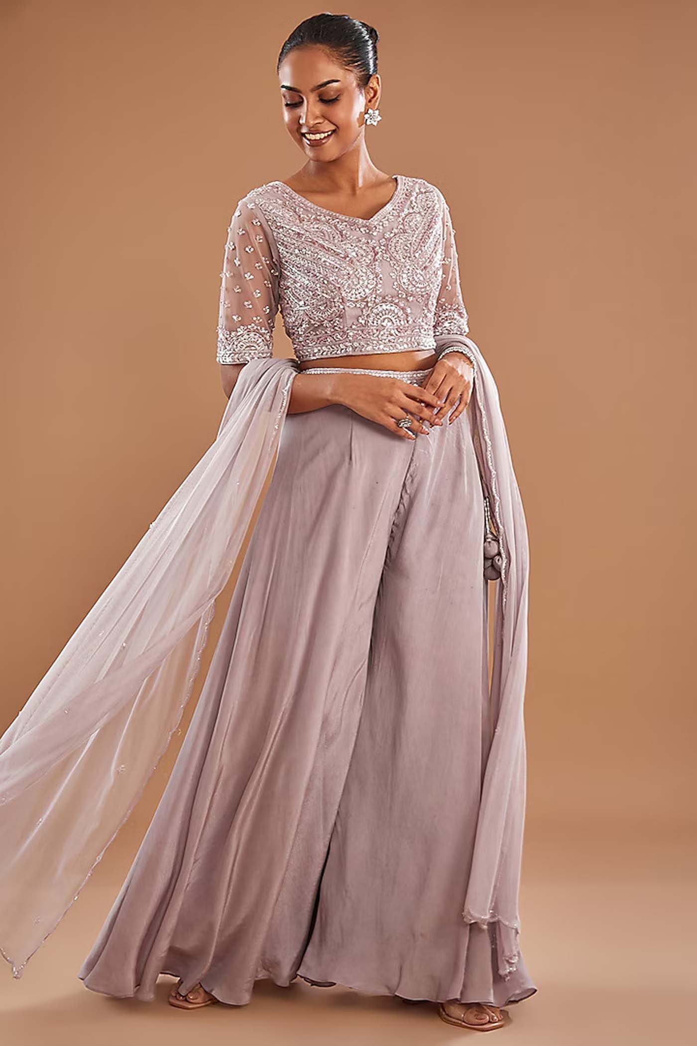 Light Lilac Crop-Top with palazzo and Organza Dupatta
