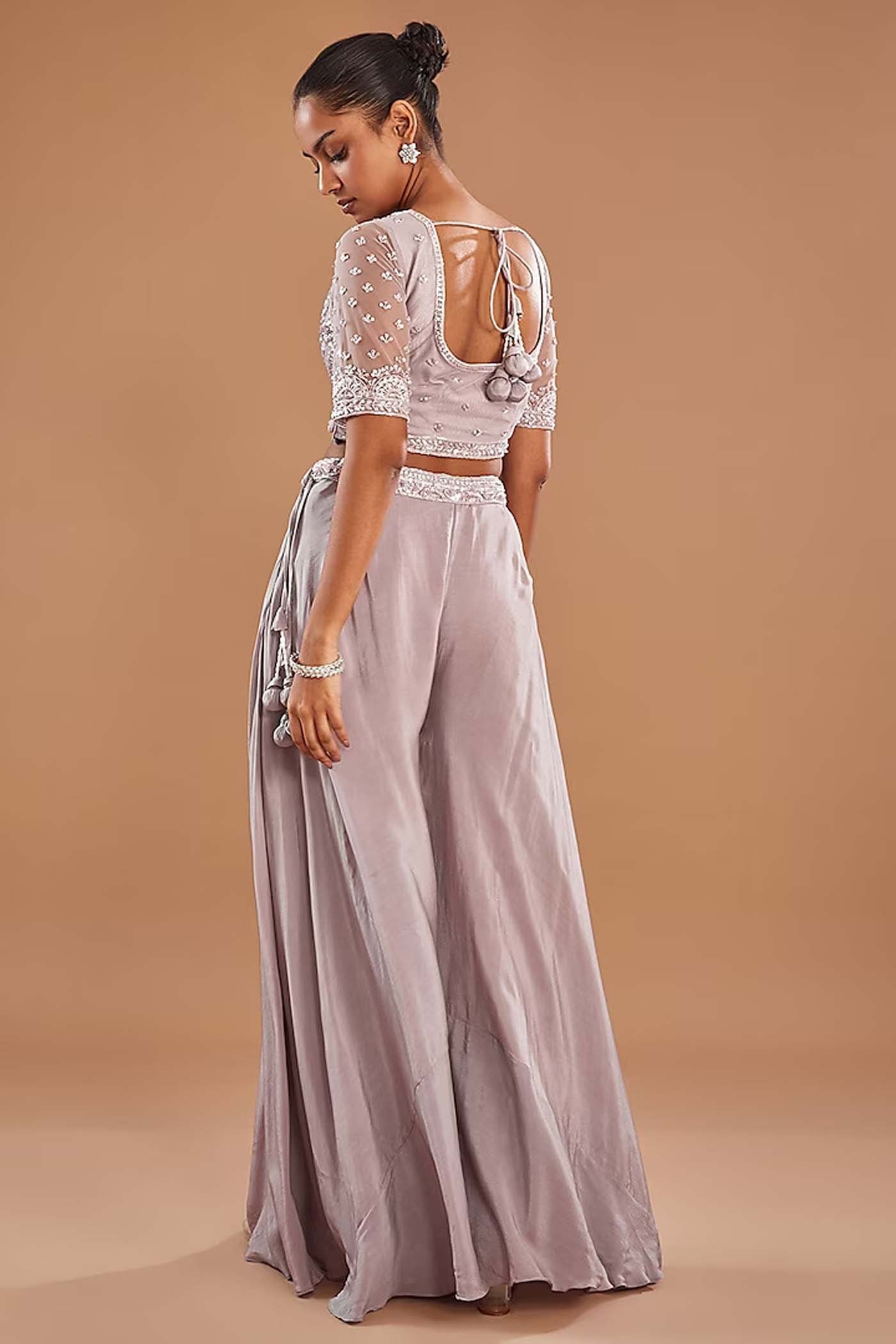 Light Lilac Crop-Top with palazzo and Organza Dupatta