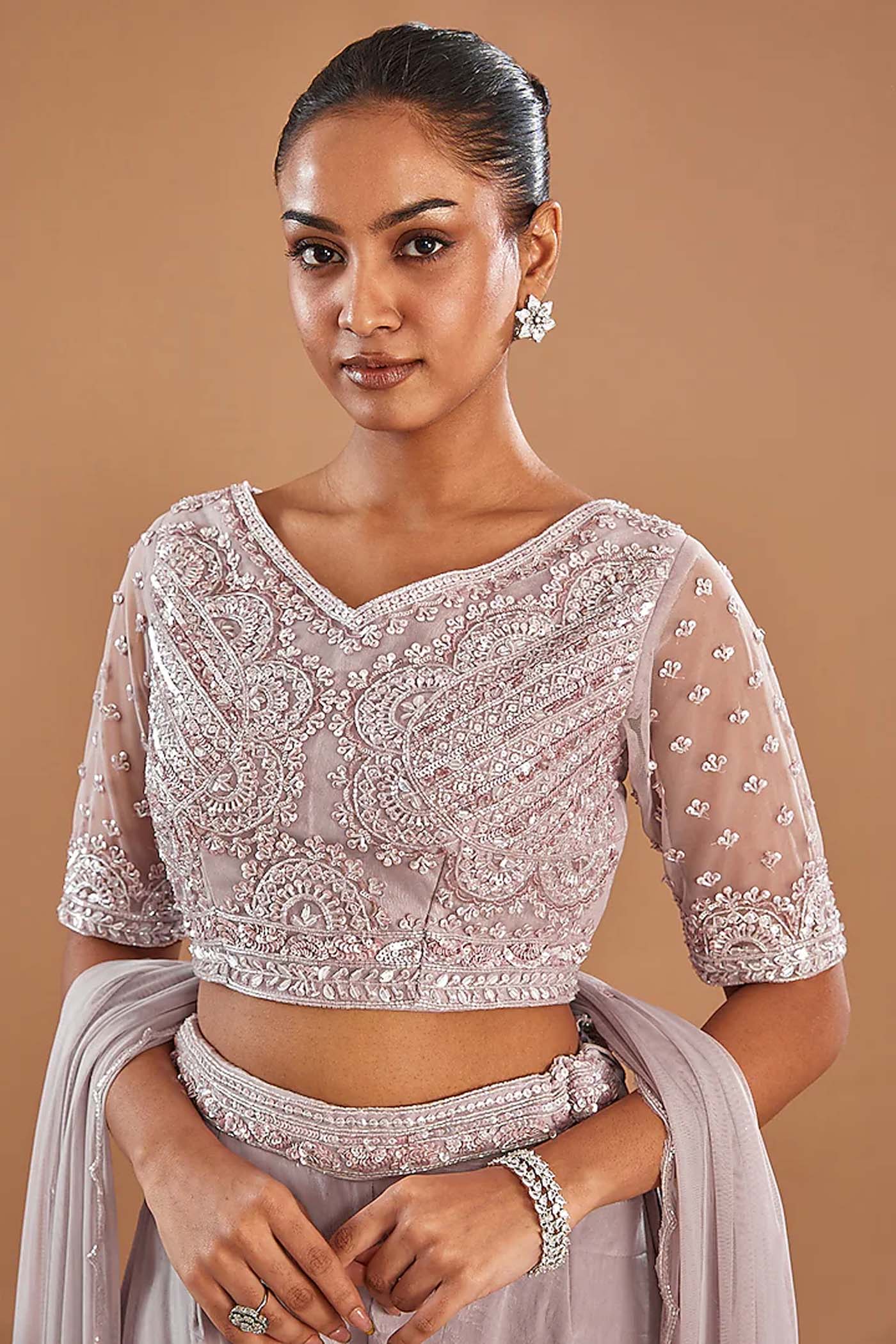 Light Lilac Crop-Top with palazzo and Organza Dupatta