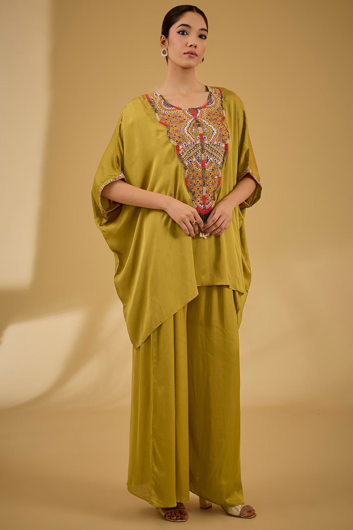 Mehendi Green Italian Satin Thread & Sequins Embroidered Kaftan Set