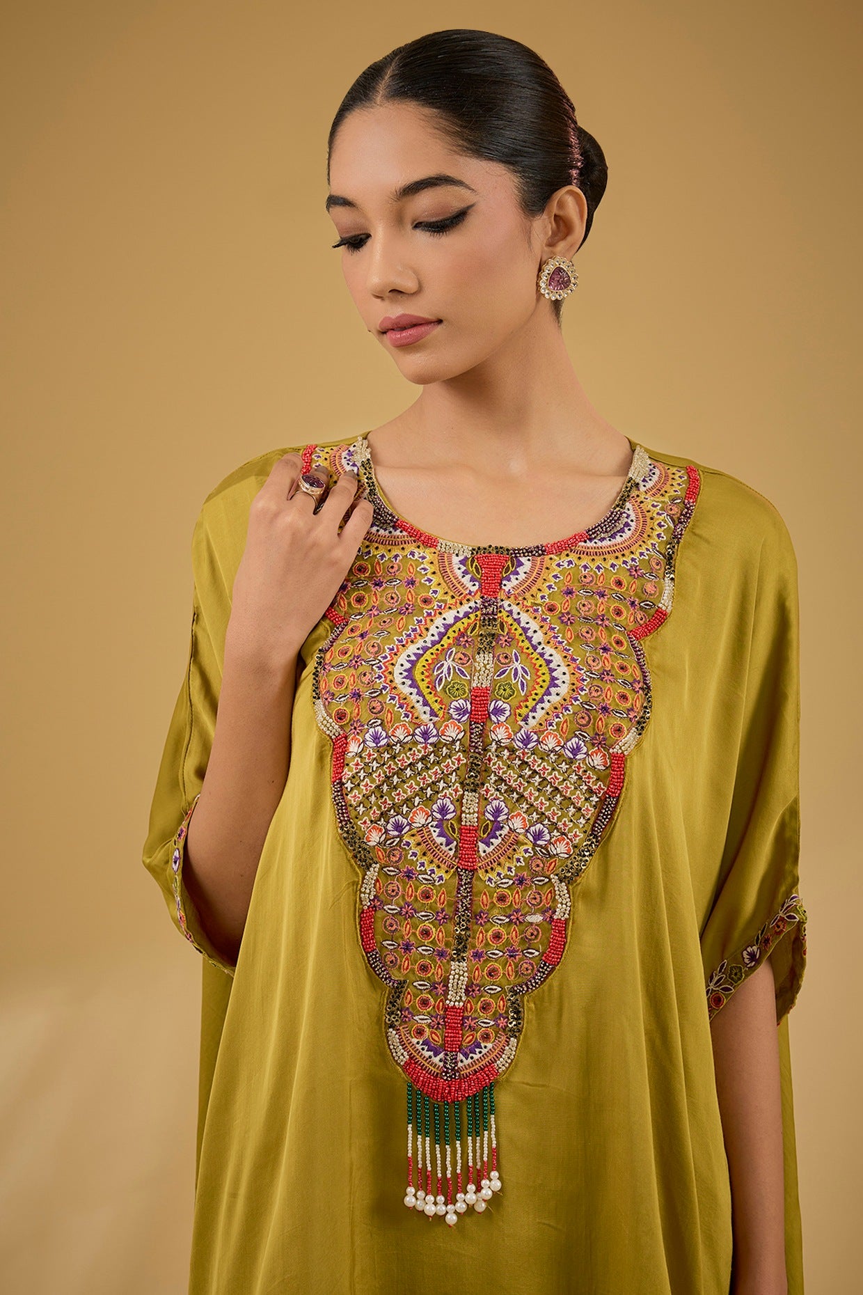 Mehendi Green Italian Satin Thread & Sequins Embroidered Kaftan Set