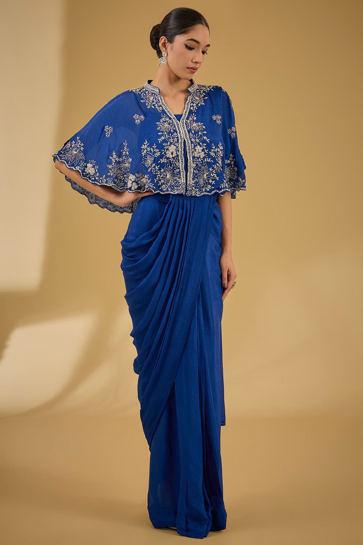 English Blue Chinon Georgette Cutdana Embellished Pre-Stitched Jacket Saree Set