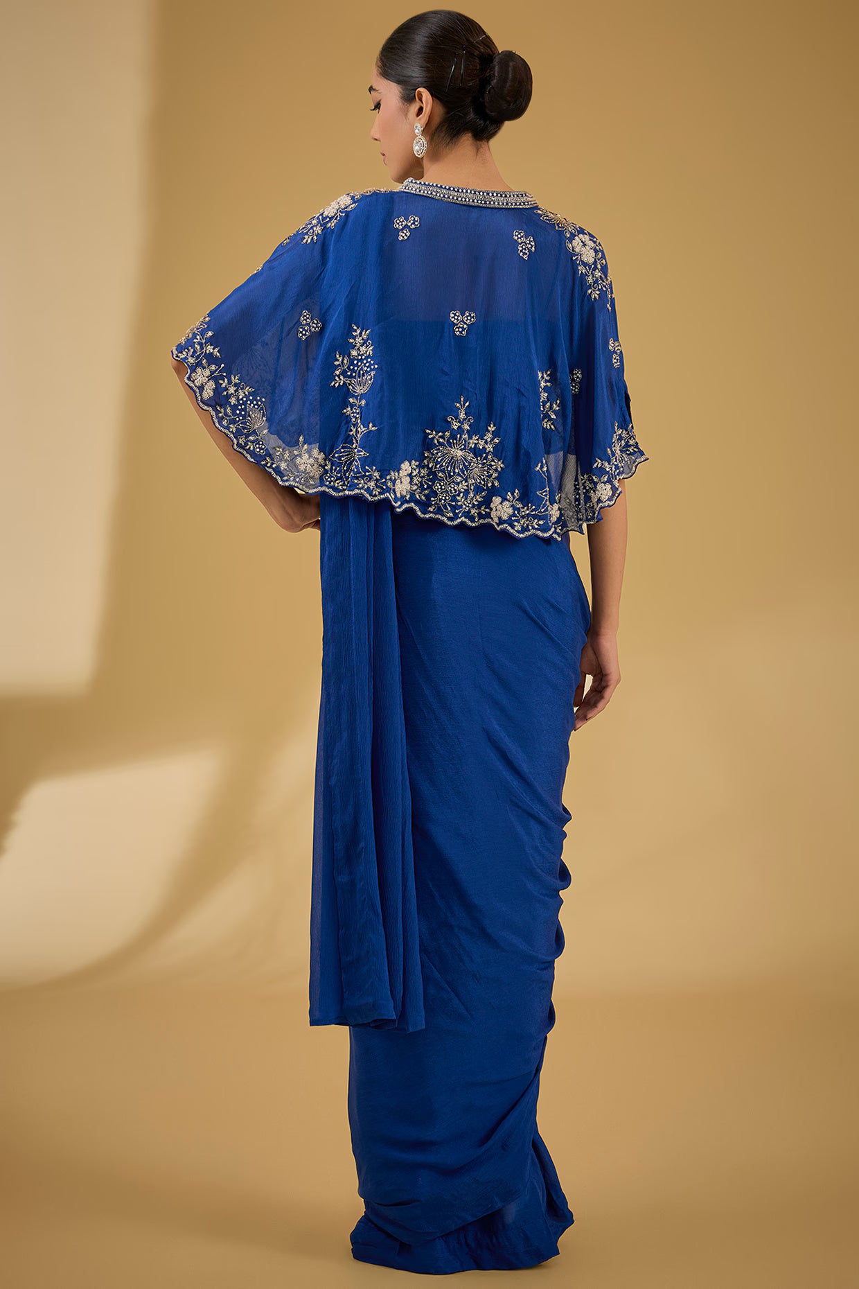 English Blue Chinon Georgette Cutdana Embellished Pre-Stitched Jacket Saree Set