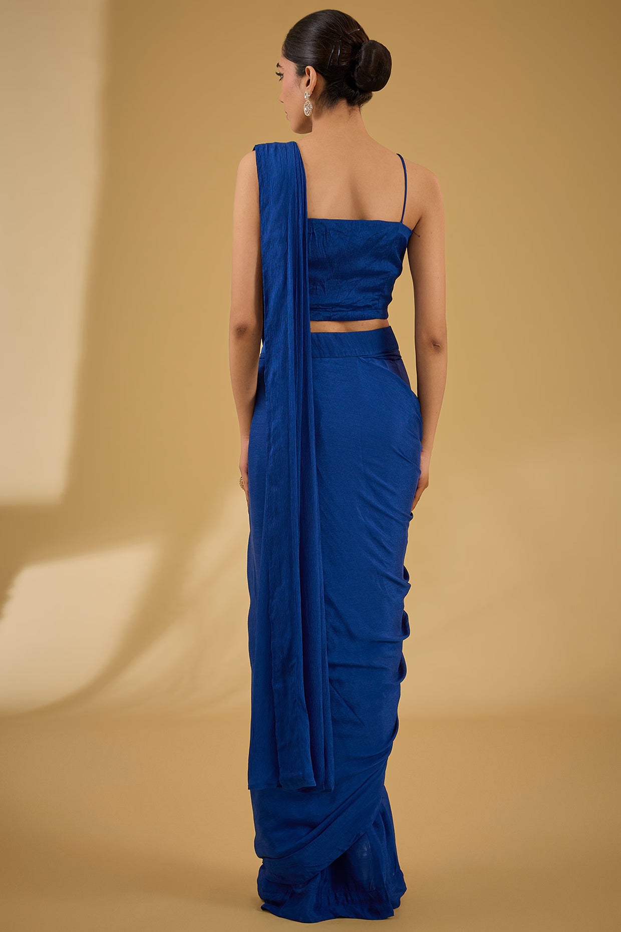 English Blue Chinon Georgette Cutdana Embellished Pre-Stitched Jacket Saree Set