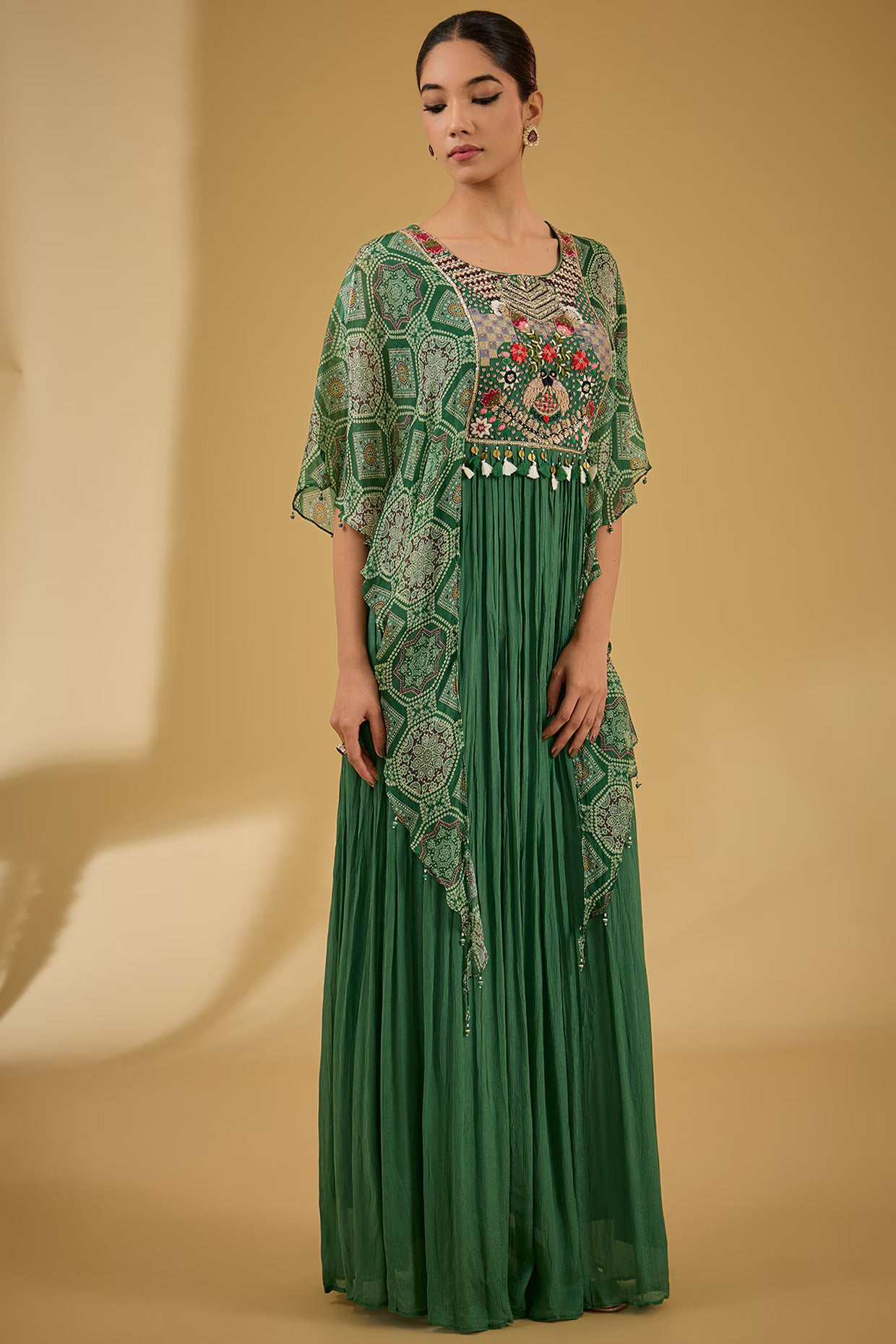 Green Chinon Georgette Digital Printed & Thread Embroidered Gown