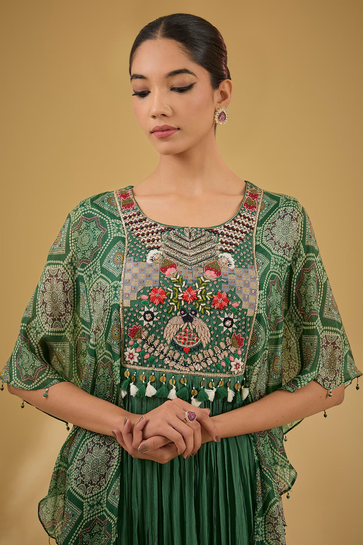 Green Chinon Georgette Digital Printed & Thread Embroidered Gown
