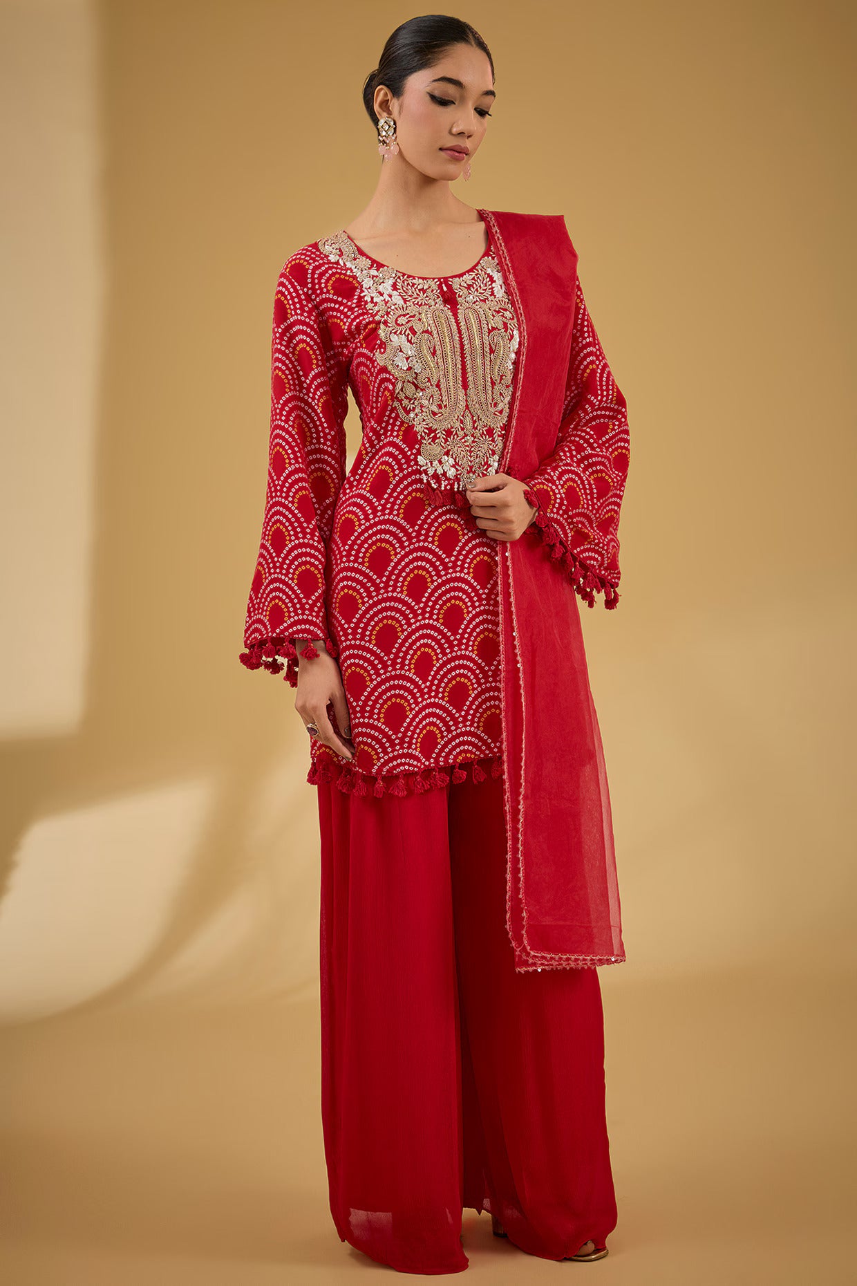 Red Soft Georgette Bandhej Printed & Dabka Work Kurta Set