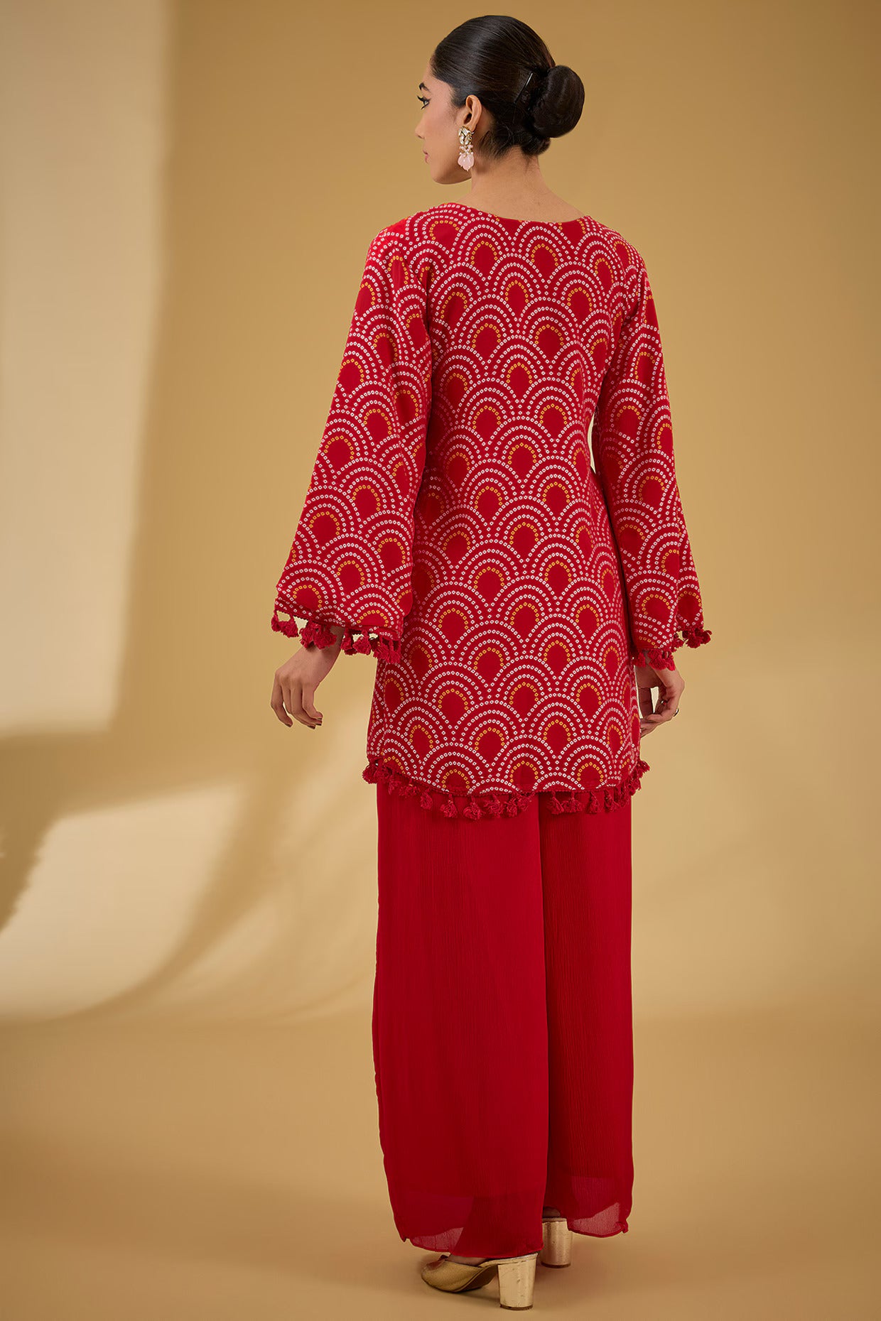 Red Soft Georgette Bandhej Printed & Dabka Work Kurta Set