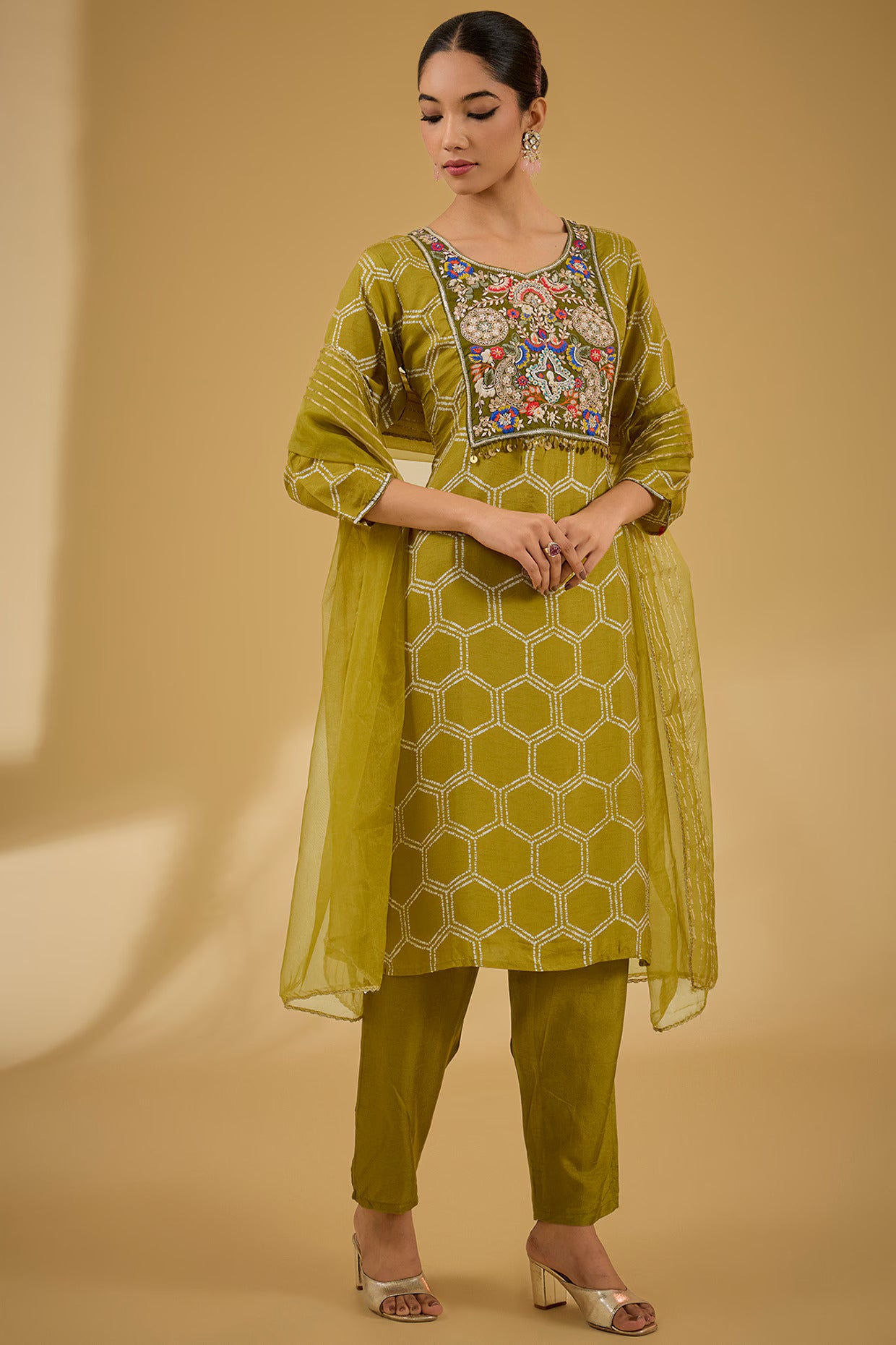 Mehendi Green Bamberg Silk Printed & Thread Embroidered Kurta Set
