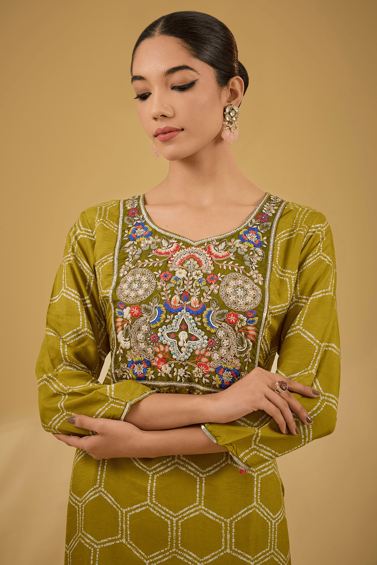 Mehendi Green Bamberg Silk Printed & Thread Embroidered Kurta Set