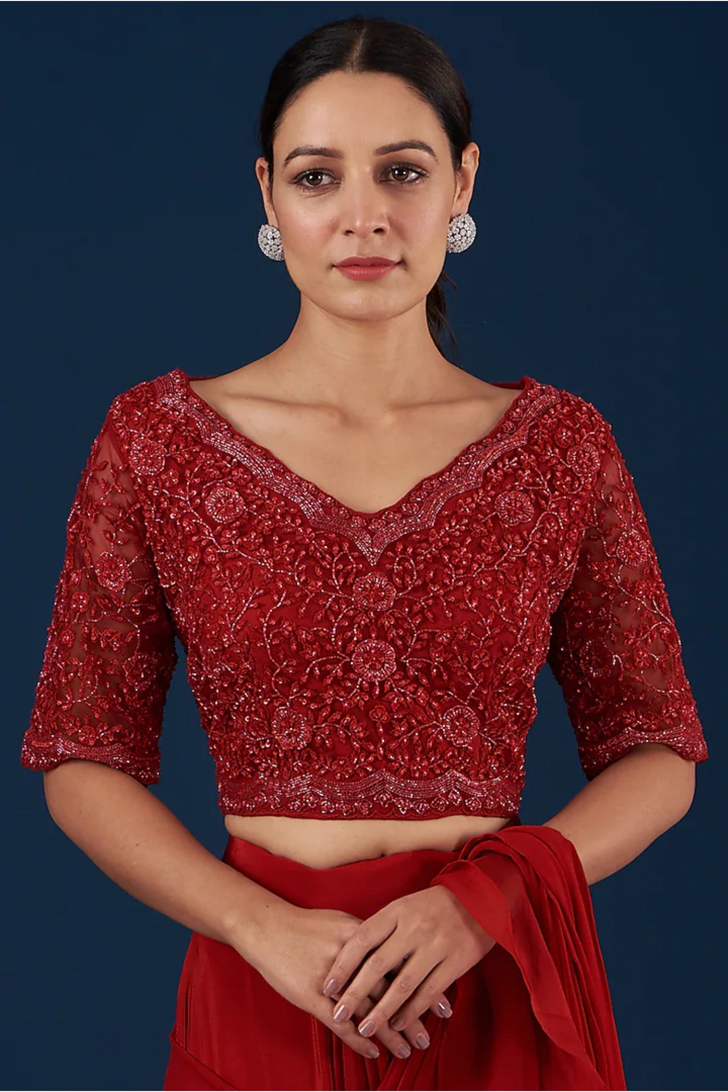 Red Drape Ruffed Saree Comes With Embroidered Blouse And Belt.