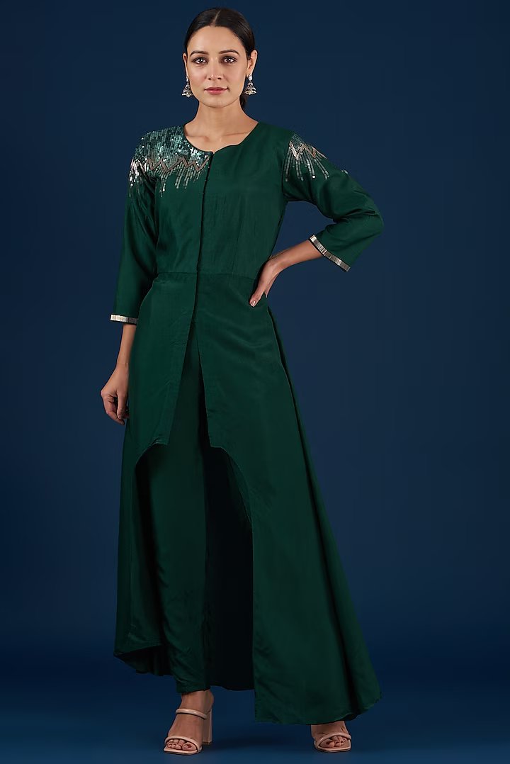 Deep Green Asymmetrical Kurta Pant Set