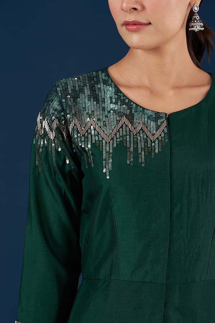Deep Green Asymmetrical Kurta Pant Set
