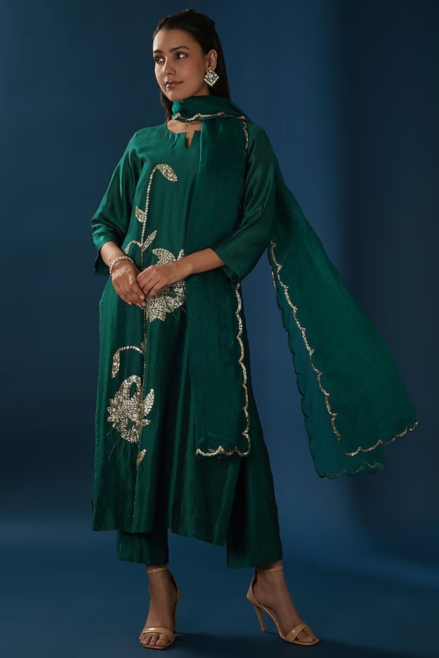 Cotton Chanderi Hand Embroidered Kurta With Pants And Organza Dupatta