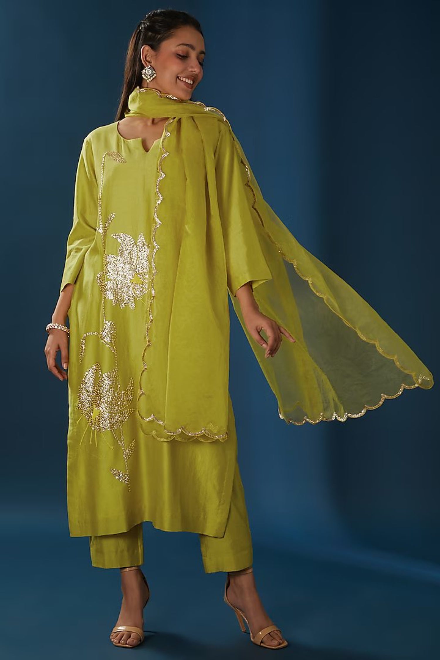 Cotton Chanderi Hand Embroidered Kurta With Pants And Organza Dupatta