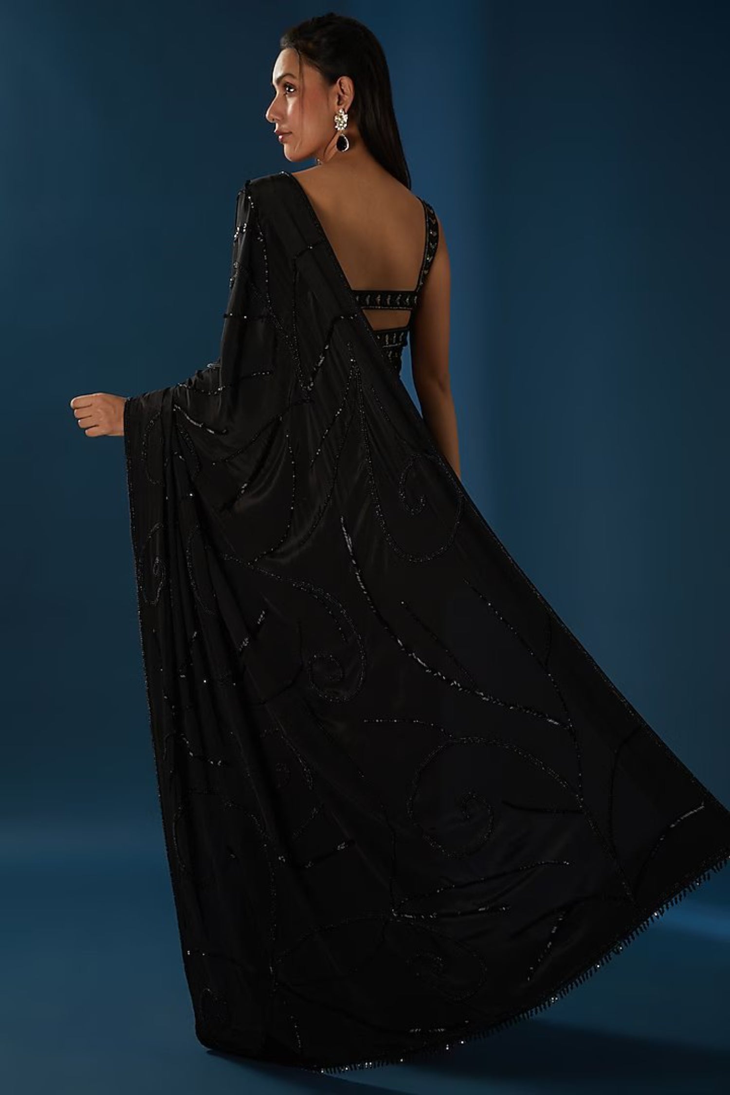 Black Heavy Drape Saree Set