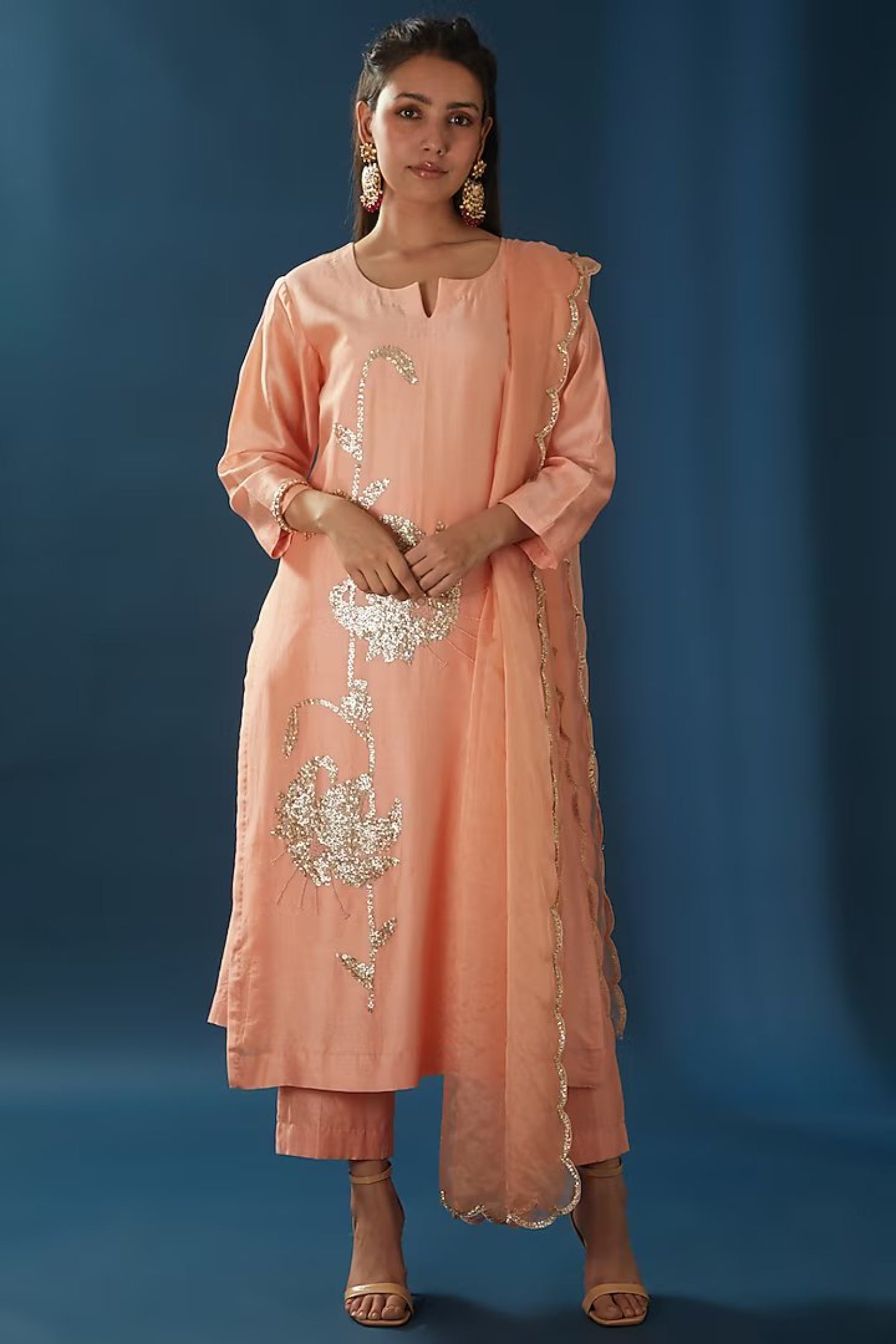 Cotton Chanderi Hand Embroidered Kurta With Pants And Organza Dupatta