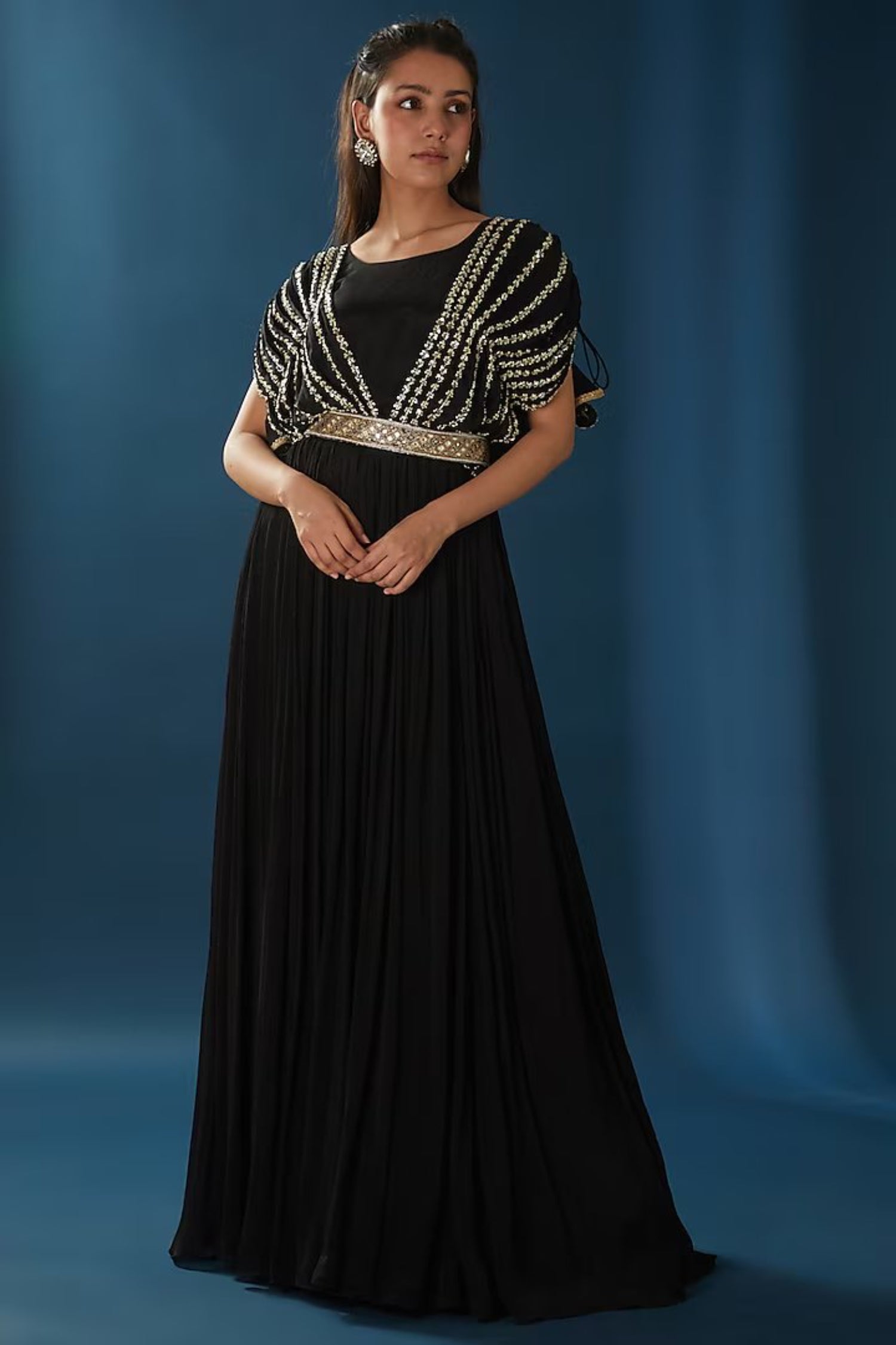 Black Sequence Work Gown With Belt