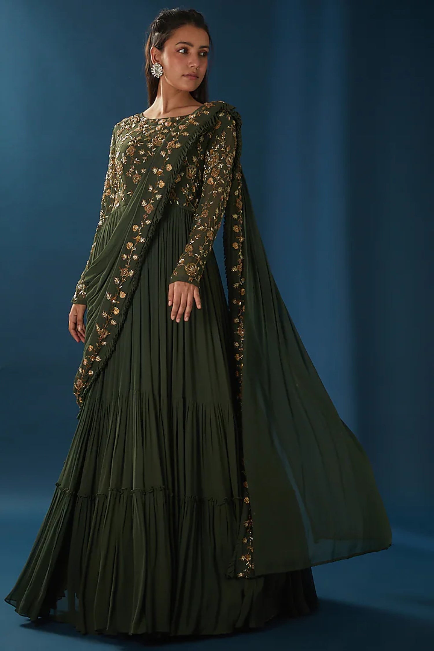 Mehandi Green Draped Gown Saree.