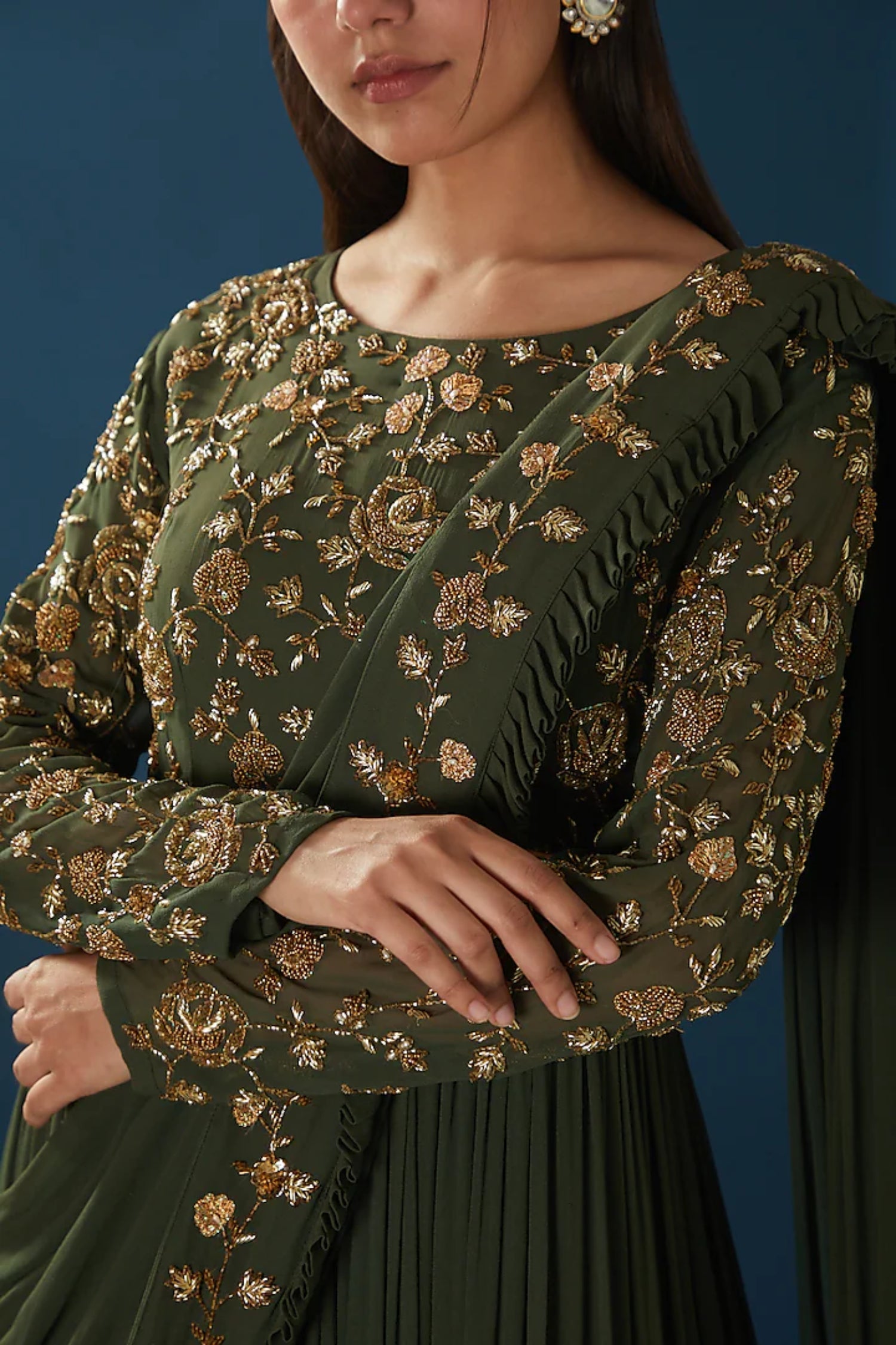 Mehandi Green Draped Gown Saree.