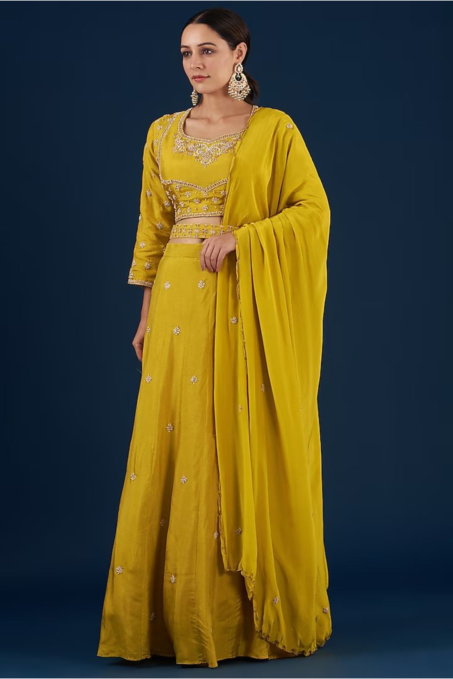 Mustard Crop Top With Lehenga And Dupatta Belt Set.