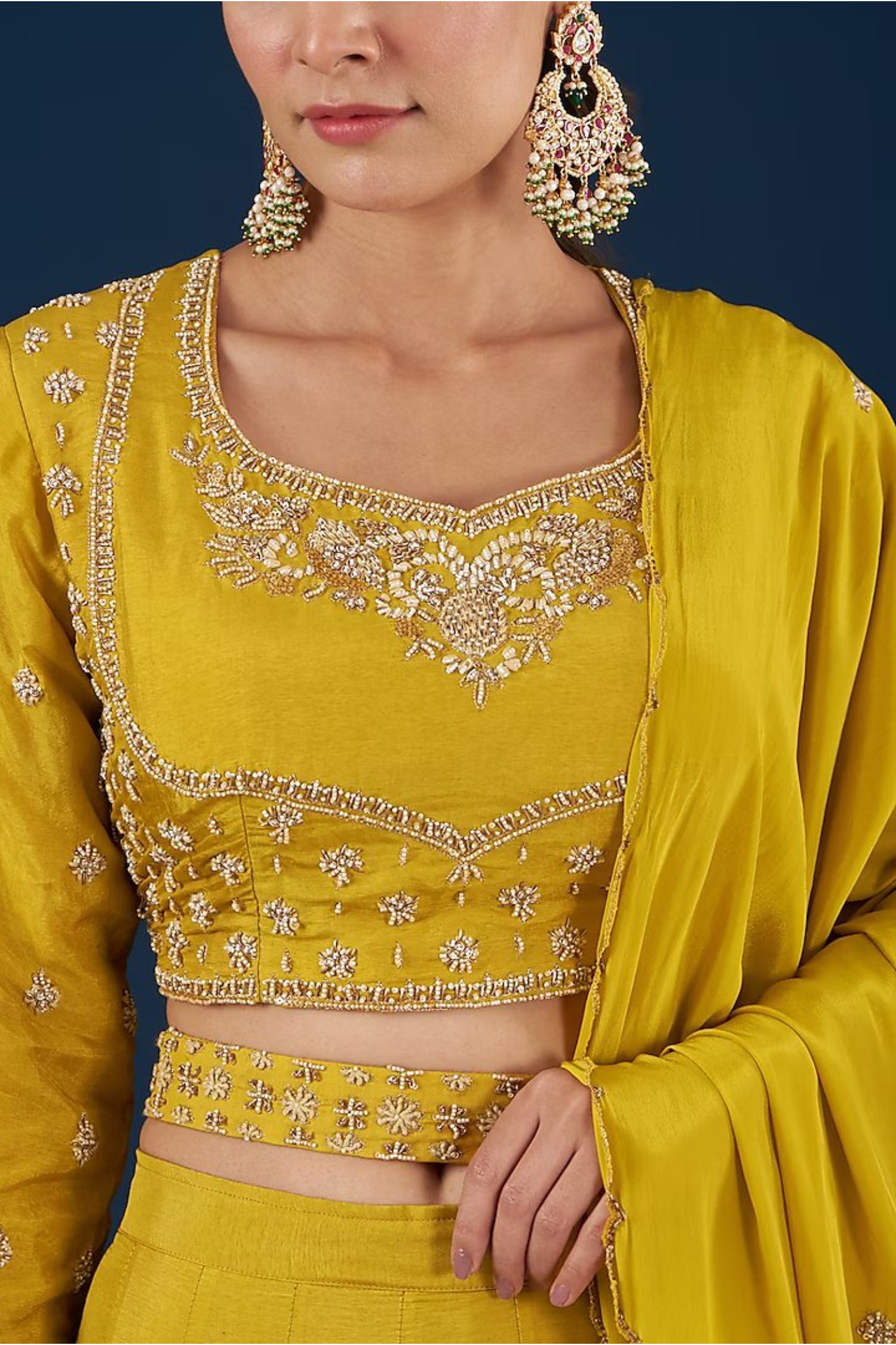 Mustard Crop Top With Lehenga And Dupatta Belt Set.