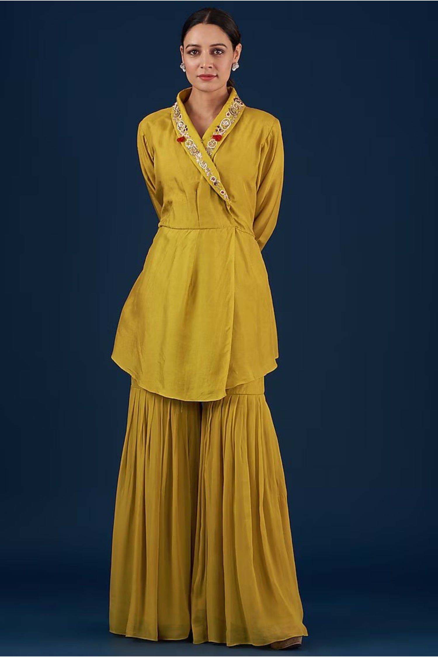 Mustard Yellow Peplum Angrakha With Sharara Set