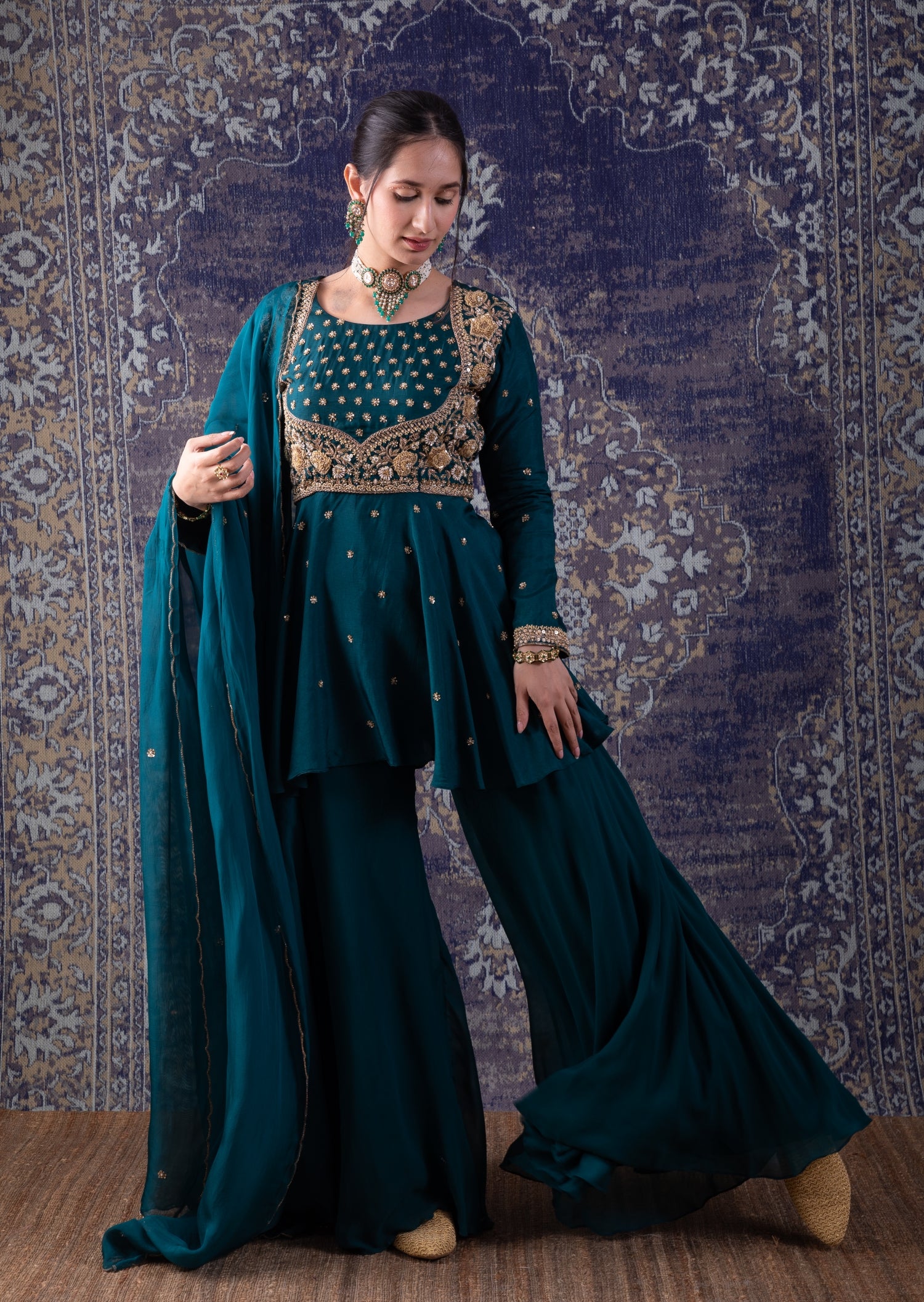 Rama Green Peplum Top With A Flared Palazzo And Embellished Dupatta.
