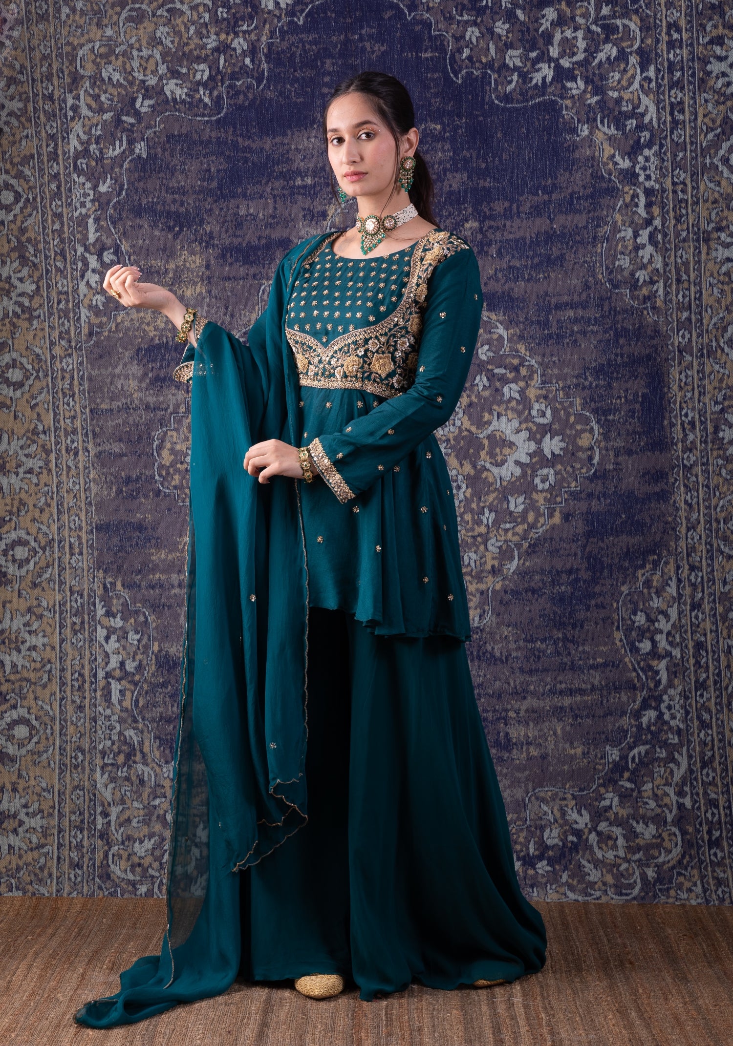 Rama Green Peplum Top With A Flared Palazzo And Embellished