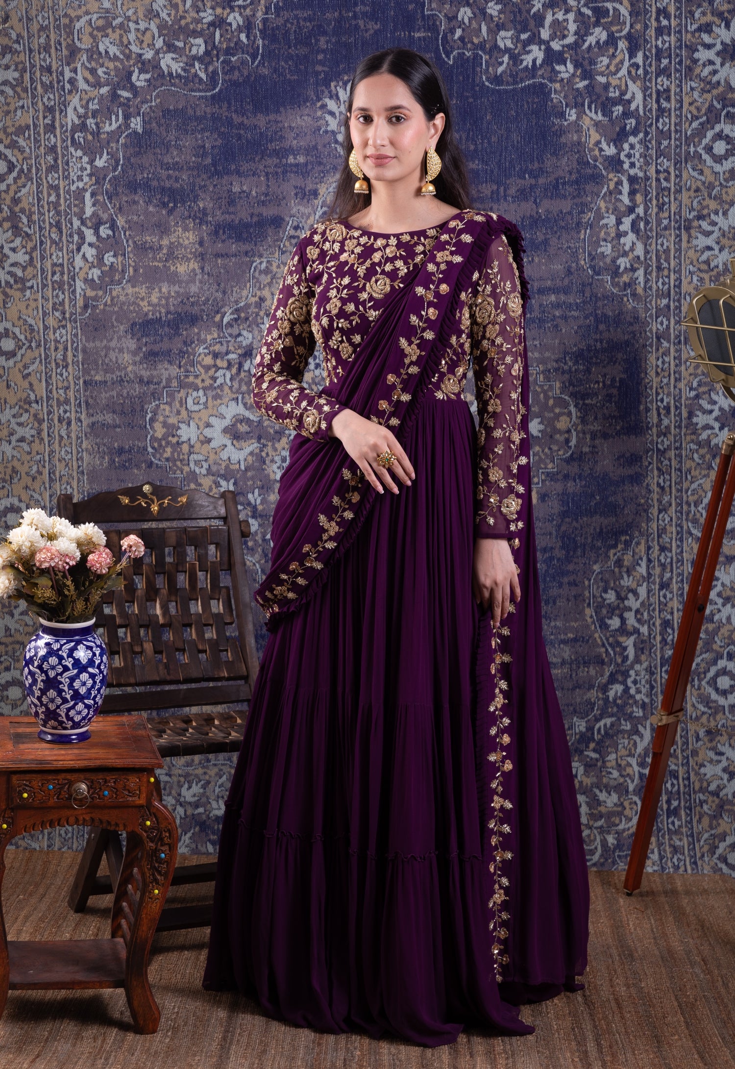 purple saree dress Purple Draped Gown Saree. Custom / Purple