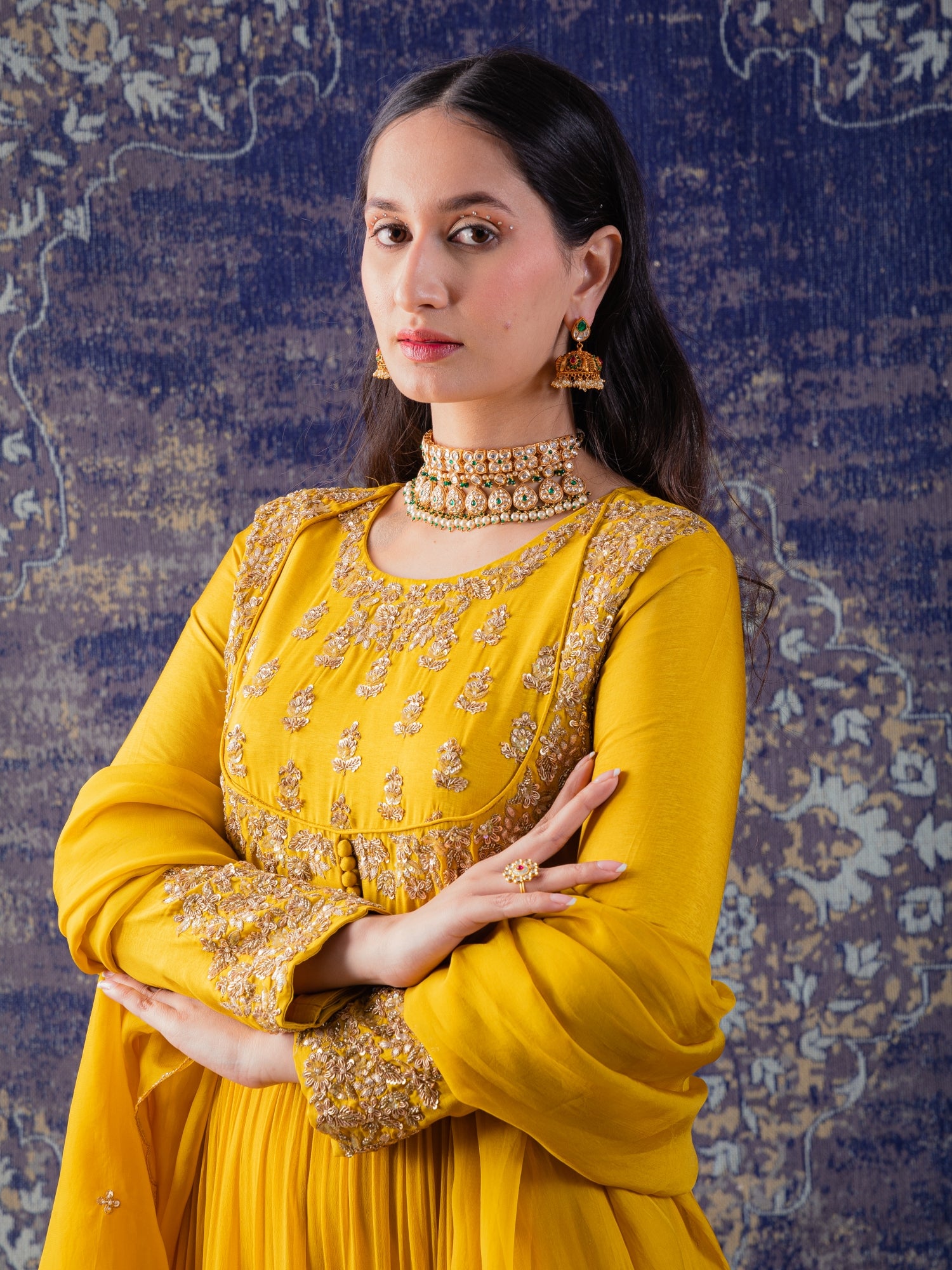 Mustard Yellow Tiered Anarkali With Dupatta.