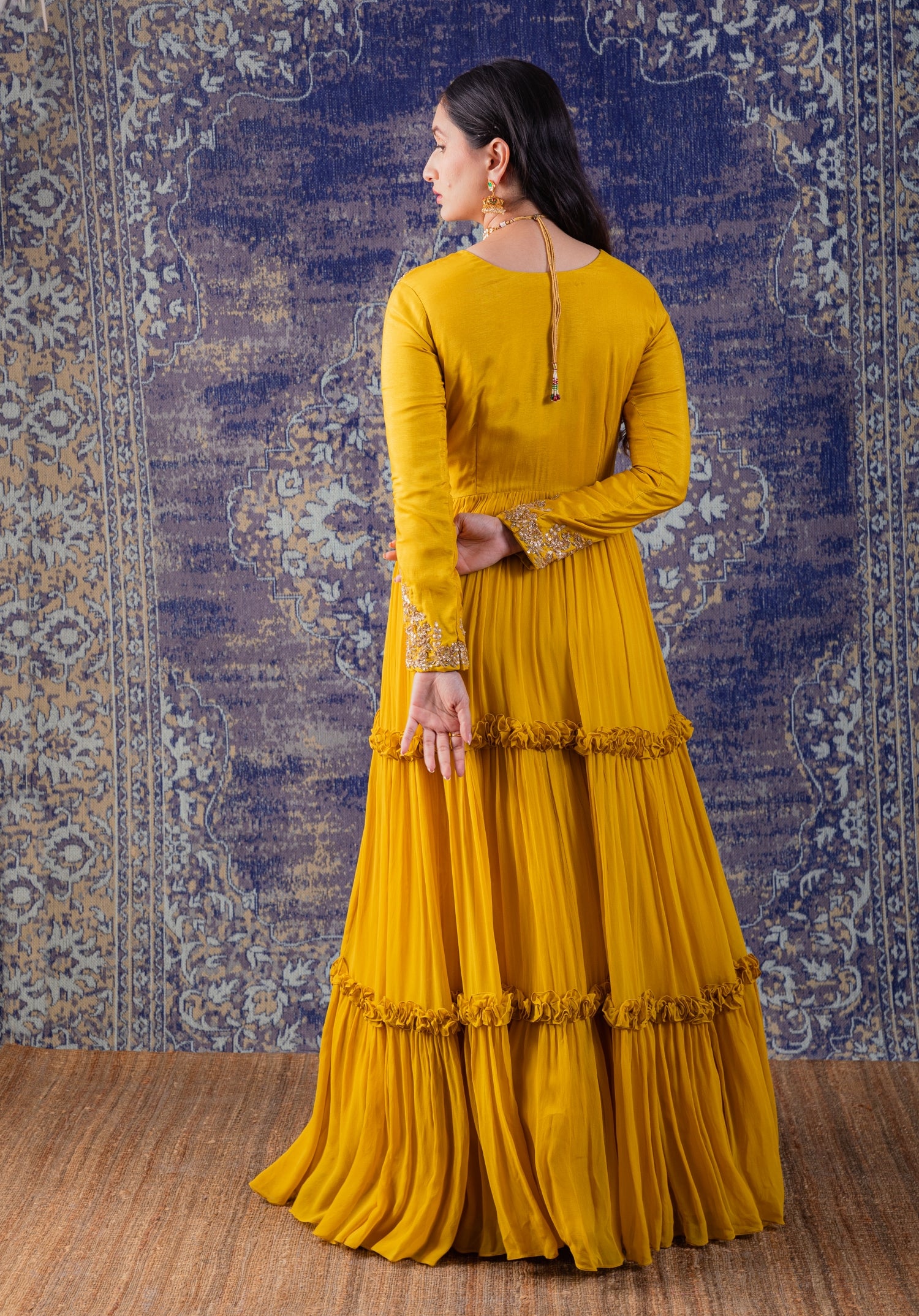 Mustard Yellow Tiered Anarkali With Dupatta.