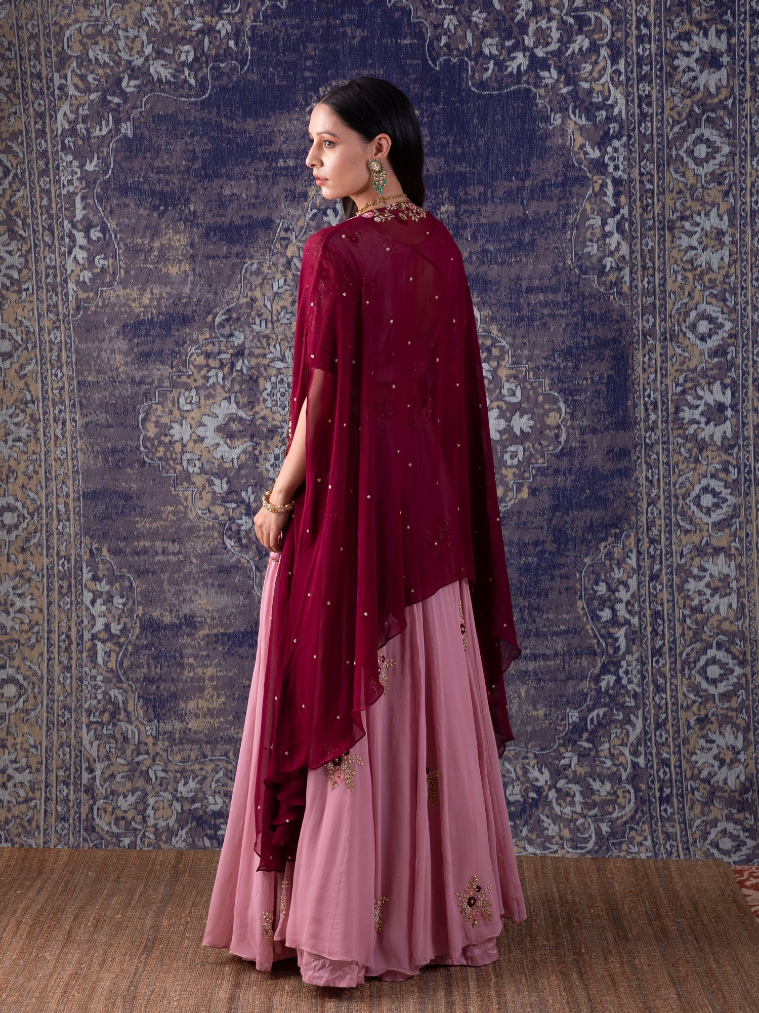 Onion Pink Lehenga With Embroidered Blouse And Cape.
