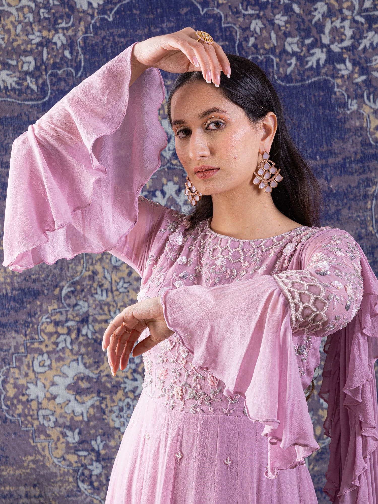 Lilac Tired Gown With Bell Sleeves.