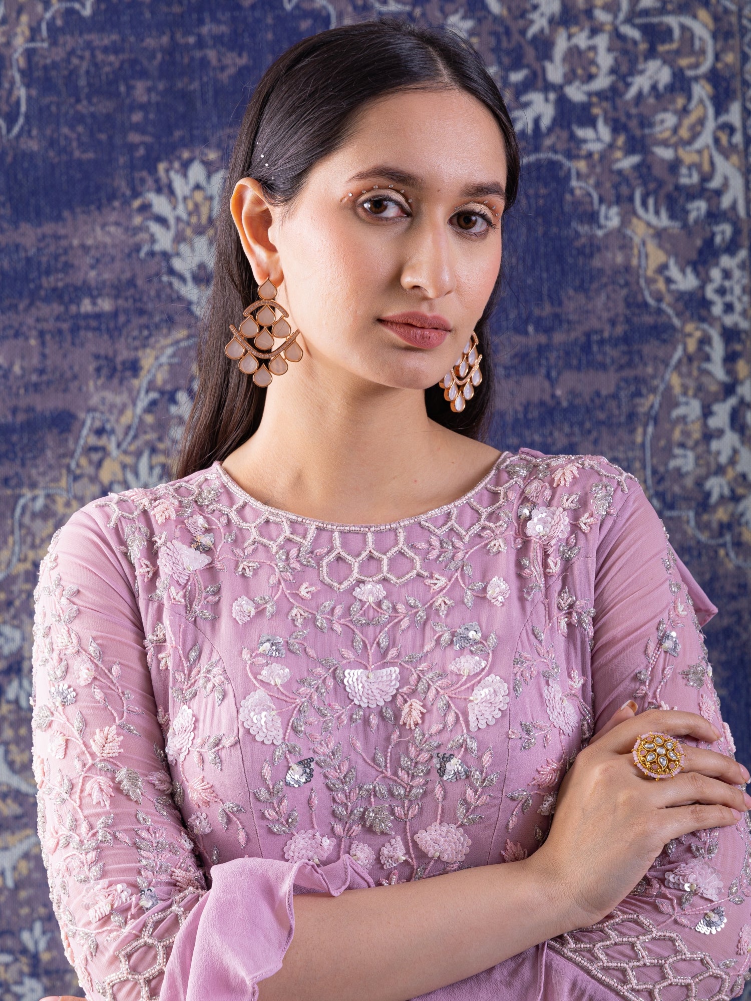 Lilac Tired Gown With Bell Sleeves.