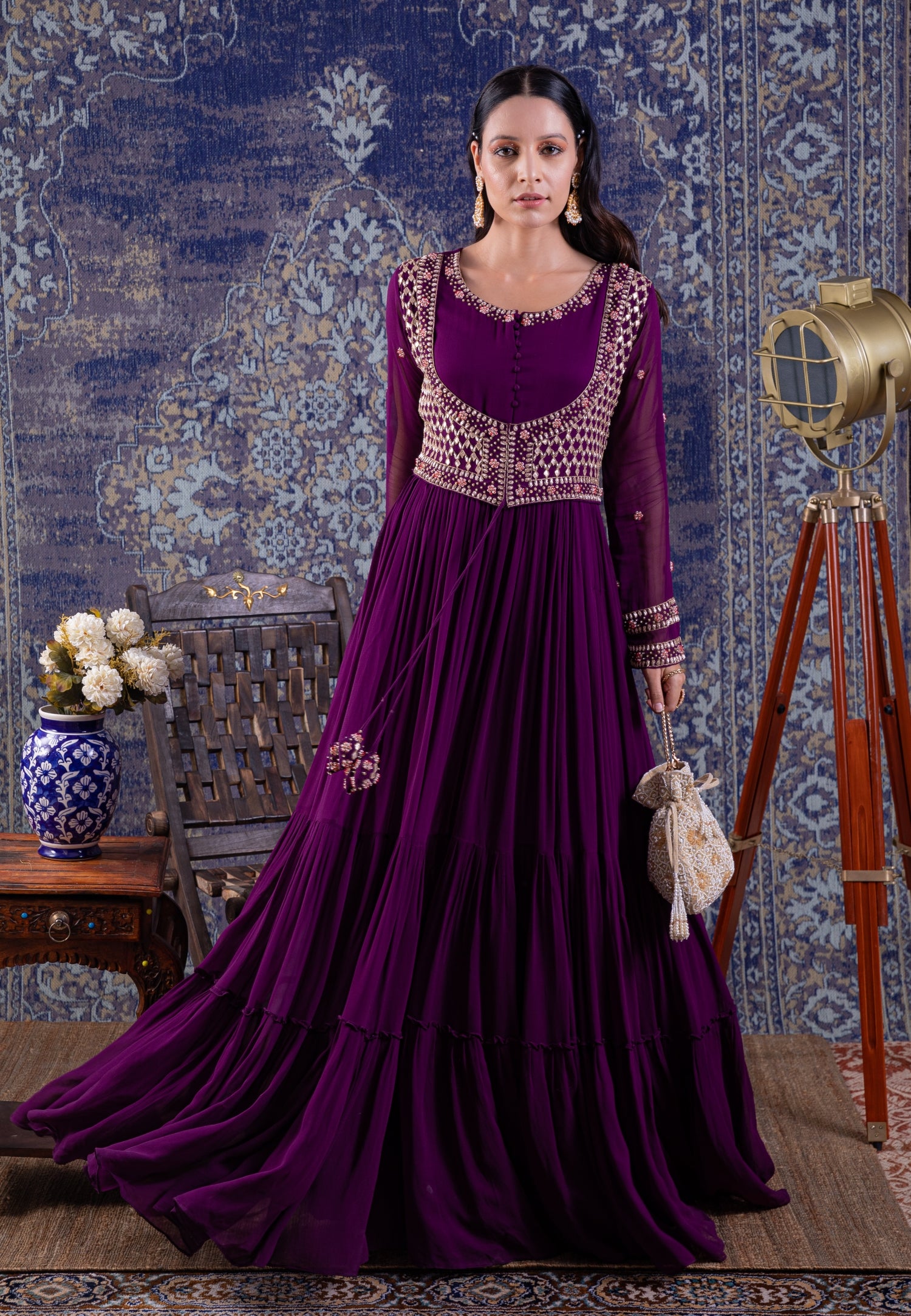 Purple Tiered Anarkali With Attached Jacket And Heavy Tassles