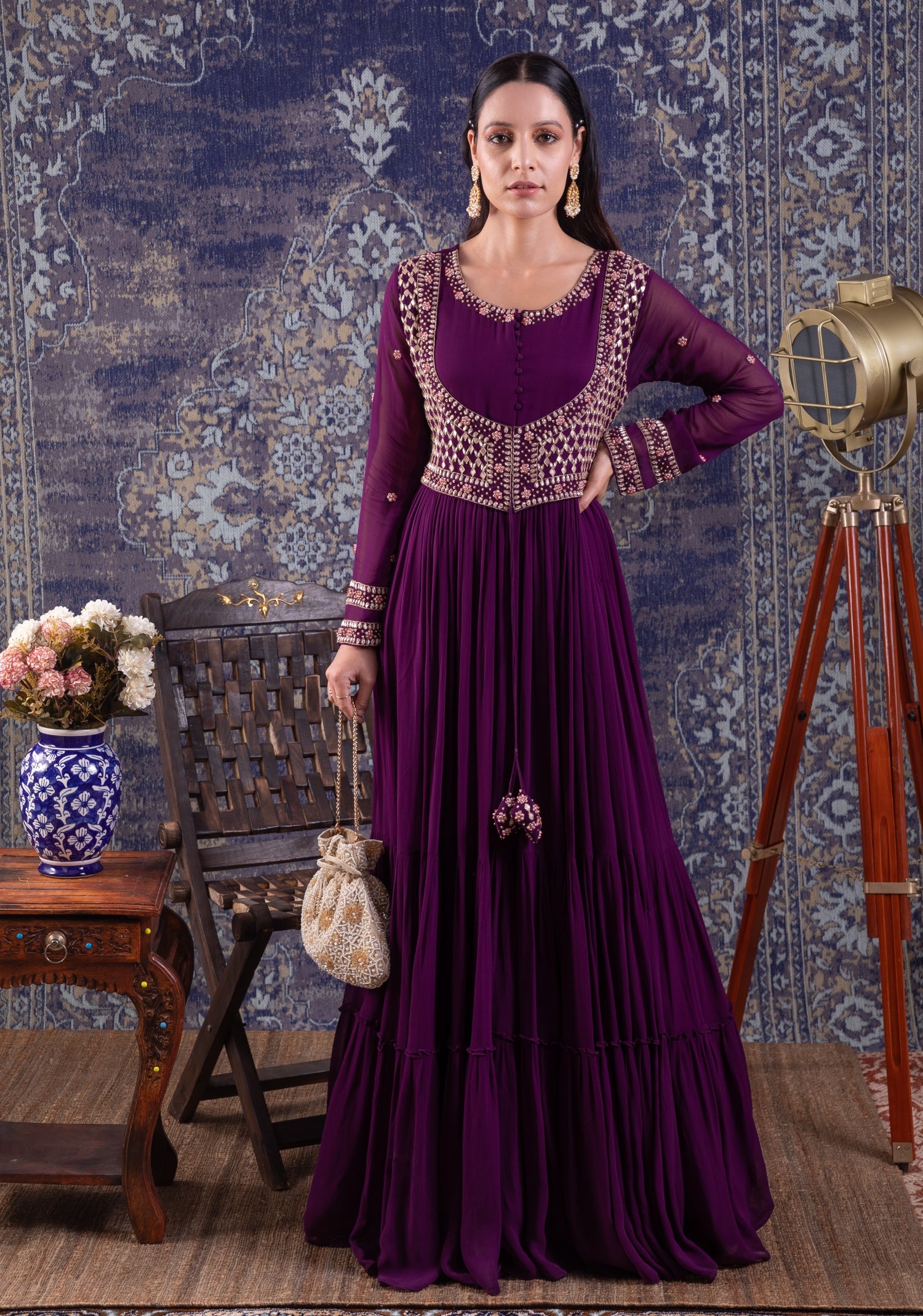 Purple Tiered Anarkali With Attached Jacket And Heavy Tassles